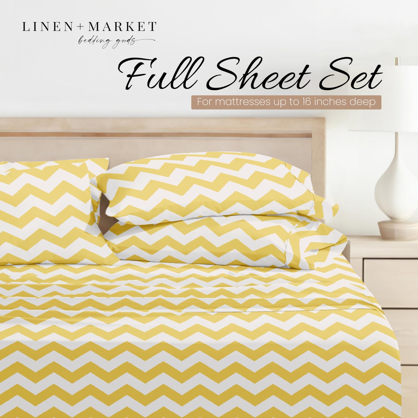 Linen Market Double-Brushed Patterned Microfiber Full Sheet Set 4 Piece – Oeko-TEX Certified Ultra Soft & Wrinkle-Free - 16" Deep Pocket Sheets - Easy Care Full Size - Arrow Yellow