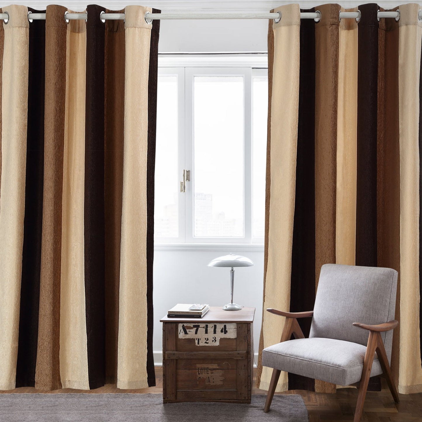 VIAGL Bedroom Absolute Heat Insulation Chenille Vertical Striped Color Window Curtains Living Room Buttonhole Single Panel (W52xL63, Brown)