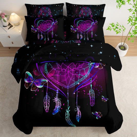 AILONEN Neon Love Comforter Set Twin Size,7-Piece Soft Bed in a Bag,Black Purple Dreamcatcher Comforter & Fitted Sheet & Flat Sheet & 2 Pillowcases,2 Pillow Shams for Bedroom