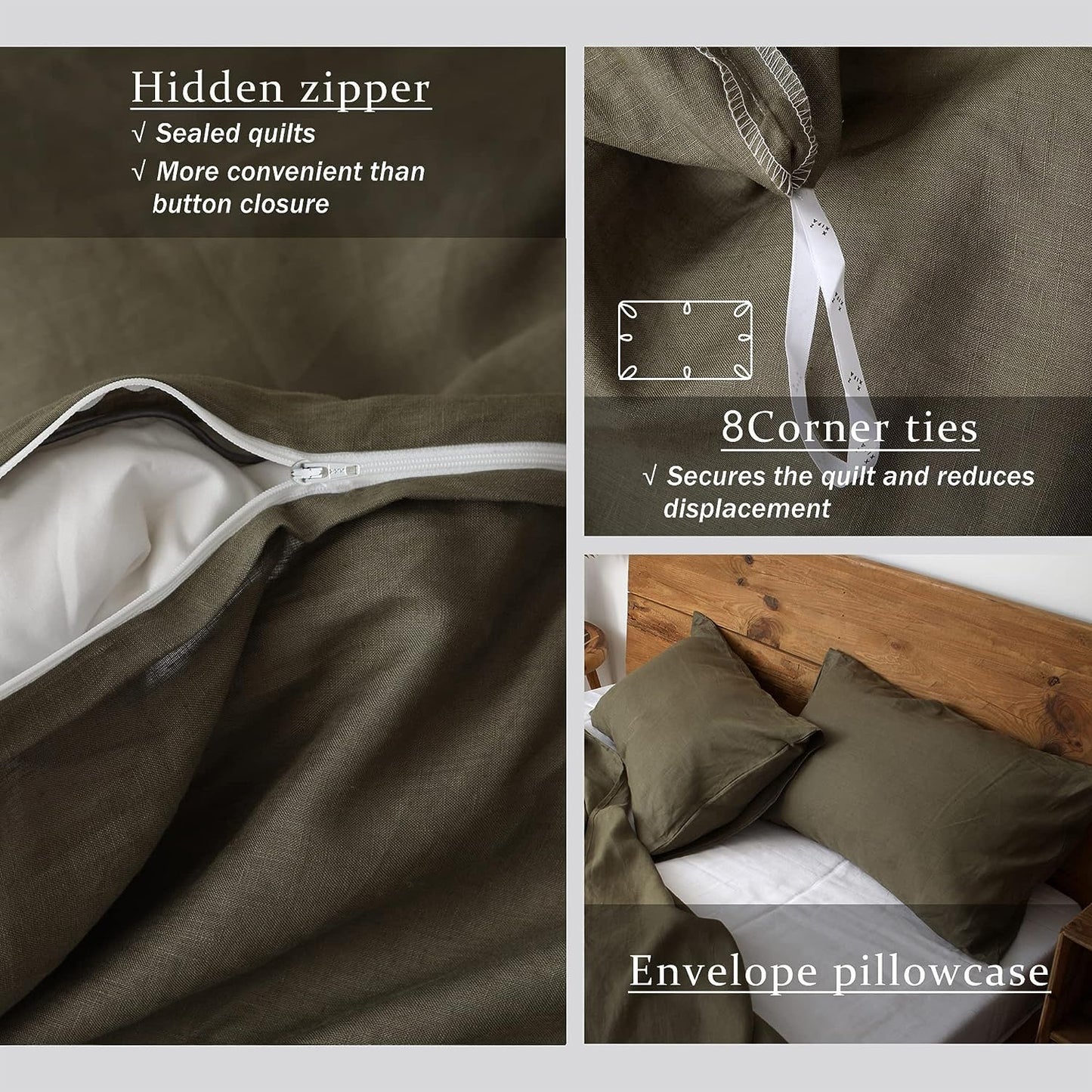 XZ XIFA Olive Green Linen Duvet Cover California King, 100% Washed French Flax Linen Bedding Set with Zipper Closure, Cooling & Textured Bed Sets for Hot Sleepers(1 Duvet Cover, 2 Pillowcases)
