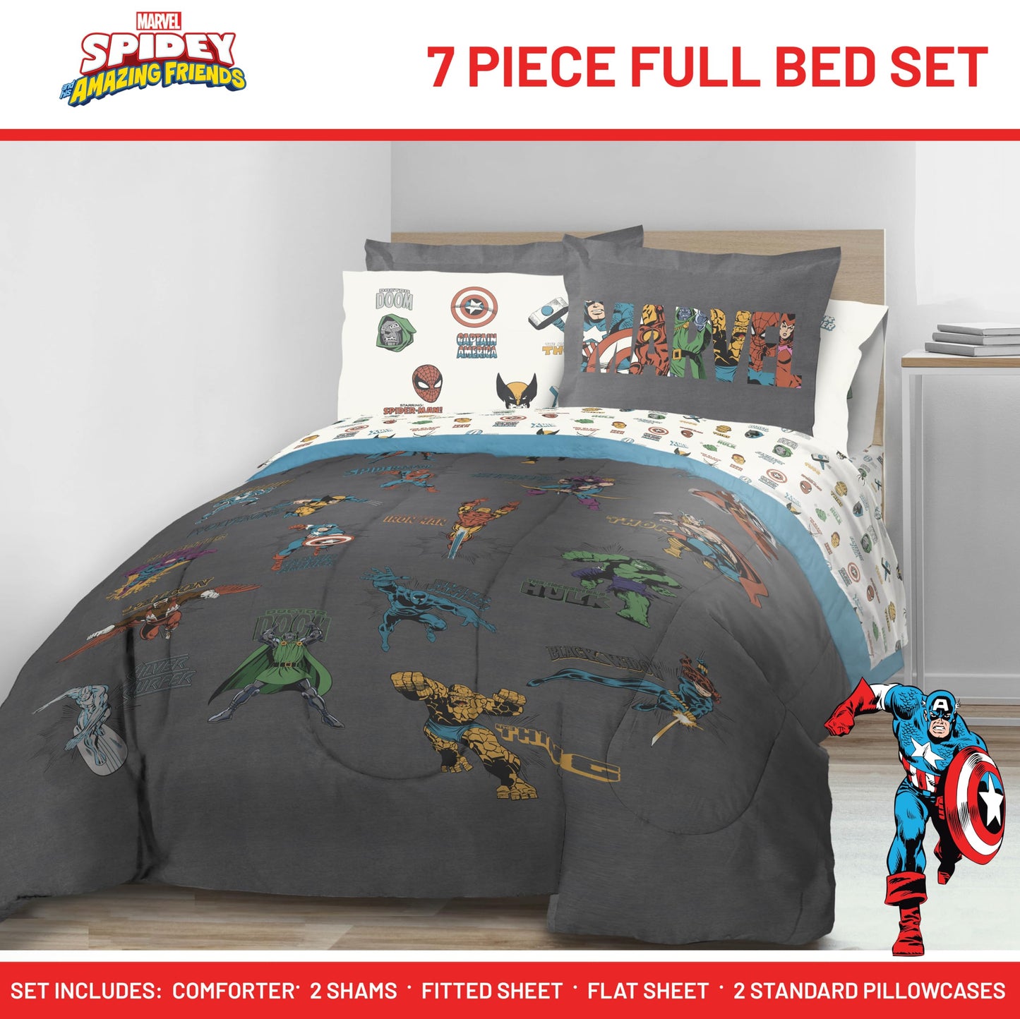 Jay Franco Kids Comforter Set Includes Sheets and Pillow Covers - Soft and Cozy Bed Set for Stylish Room Decor, Official Licensed Bedding, Gray - Marvel Comics, 7 Piece Full