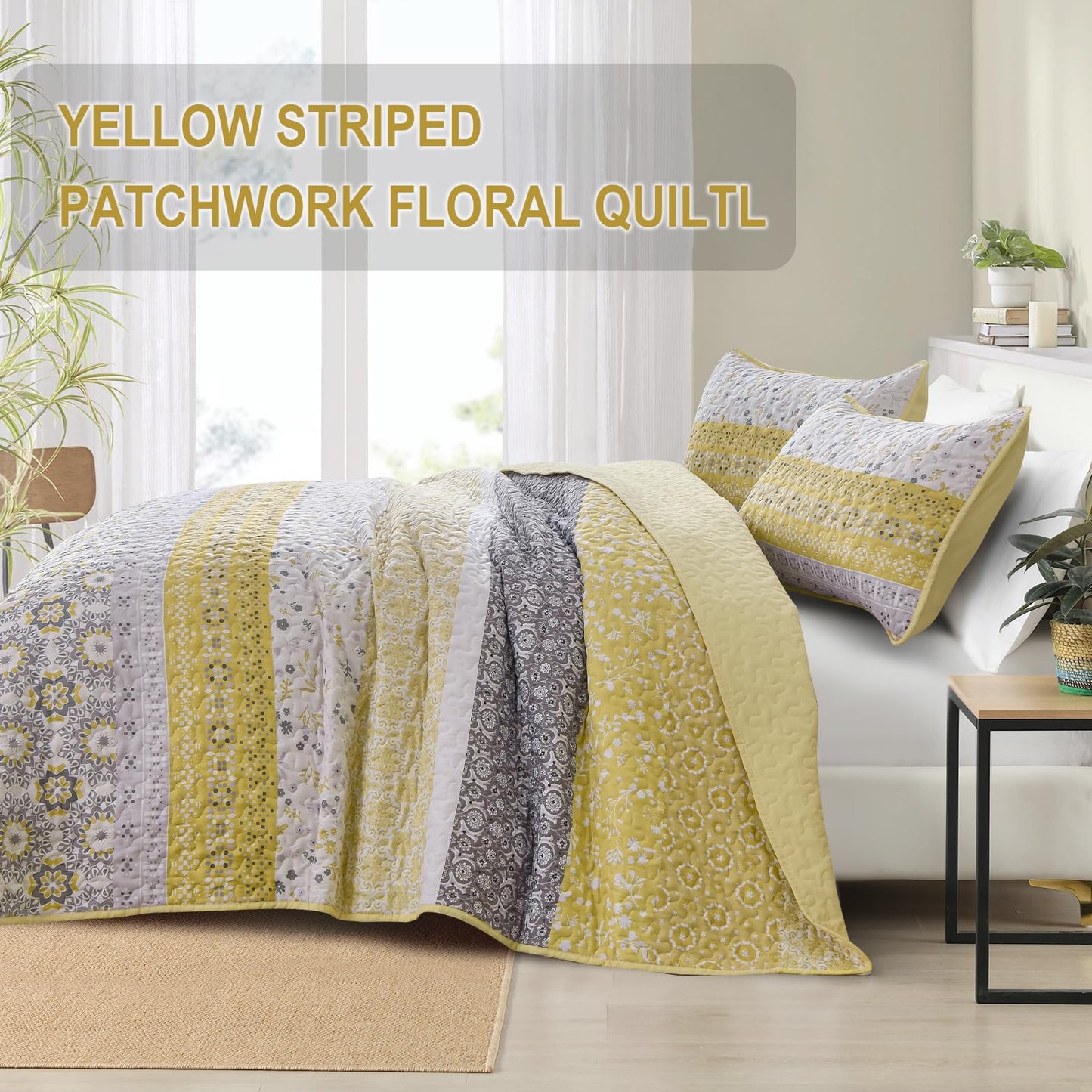 WONGS BEDDING Boho Quilt Set Queen, Yellow Bohemian Striped Patchwork Bedspread Coverlet Set with 2 Pillowcases, Microfiber Floral Bedding Set 96''×90''