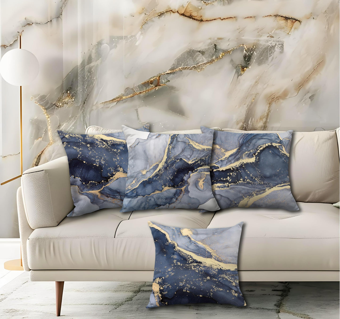 OGILRE Blue and Gold Pillow Covers, Modern Abstract Marble Texture Blue Gold Print Art Home Bedroom Decorations Soft Throw Pillow Cover, 16x16 Pillow Cover Set of 4,Couch Decorative Pillow Cases