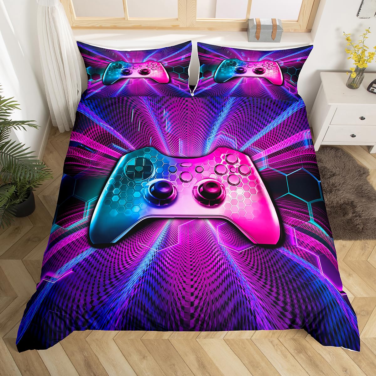 Gaming Gamepad Kids Duvet Cover Set Queen Size,Video Games Controller Fashion Bedding Set,Boys Girls Men Room Decor,Geometric Honeycomb Hexagon Comforter Cover,Blue Purple Quilt Cover,2 Pillowcases