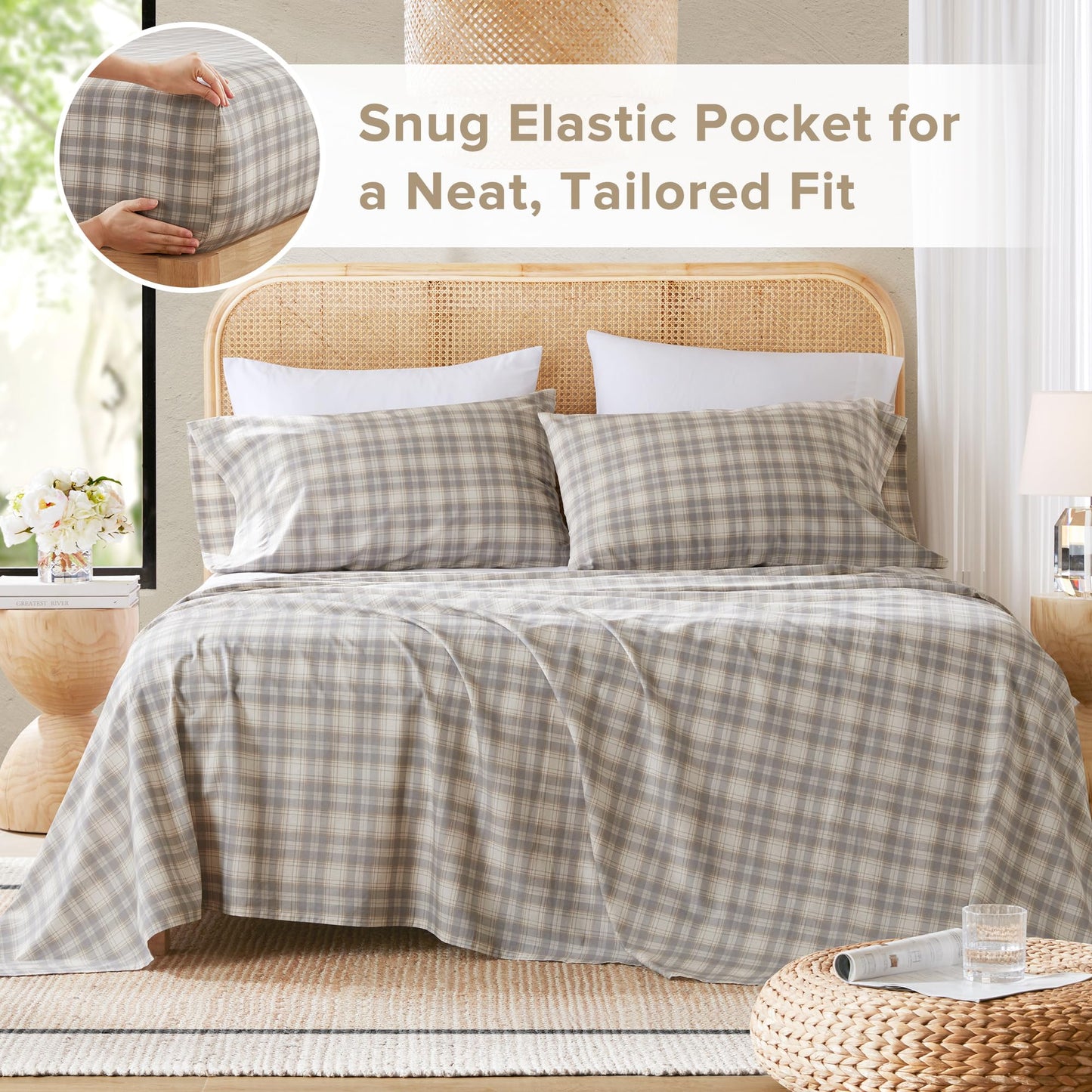 Comfort Spaces 100% Cotton Sheets Cal King, Breathable, Naturally Cool Cotton Sheets, Cotton Bed Sheets with 14" Elastic Pocket Fits up to 16" Mattress, All Seasons Sheet Set, Wesley Taupe 4 Piece