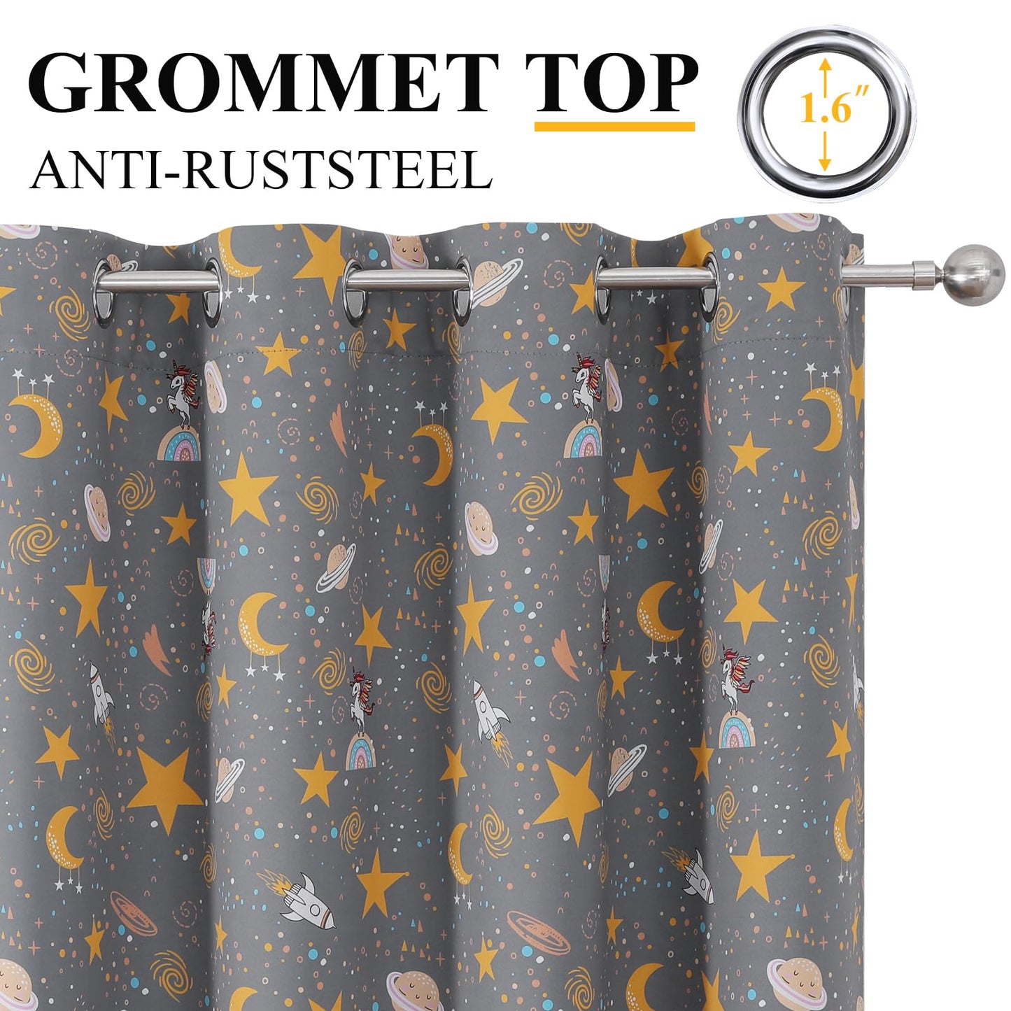 Estelar Textiler Planets Unicorn Printed Grey Blackout Curtains for Nursery Bedroom, Thermal Insulated Room Darkening Star Moon Pattern Grommet Window Drapes for Toddler Room,Gray, W38 x L63, 2 Panels