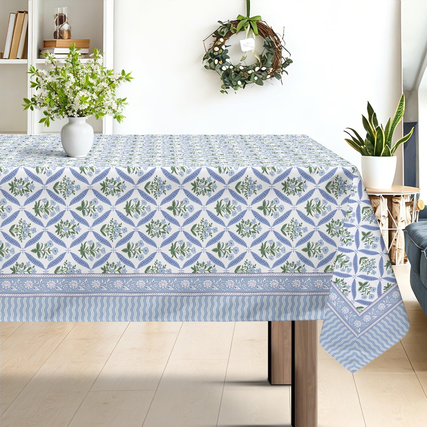 hometrixx Hand Block Print Rectangle Table Cloth Floral Farmhouse Washable Polyester Oil-Proof Tablecloth Stain Wrinkle Resistant Table Cover for Party Kitchen Decor Outdoor Picnic, 60x84 Blue