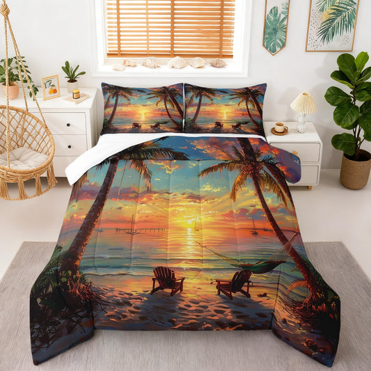 Tropical Sunset Palm Tree Bedding Comforter Sets Queen,Ocean Sunset Coastal Beach Bedding Set for Bedroom Decoration,Watercolor Seaside Landscape with 1 Comforter and 2 Pillow Cases Bedroom Decor