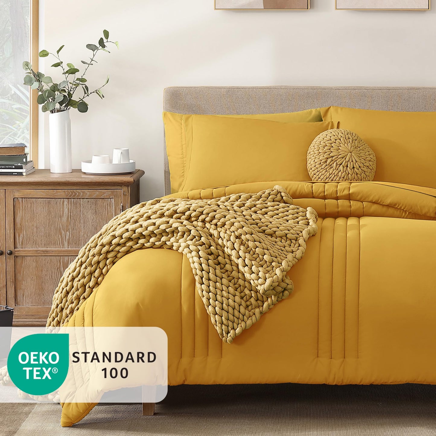 Monbix Queen Comforter Set - 7 Pieces Bright Yellow Bed in a Bag Queen Bedding Sets with Comforters, All Seasons Comforter Bed Set with Sheets,Pillowcases & Shams