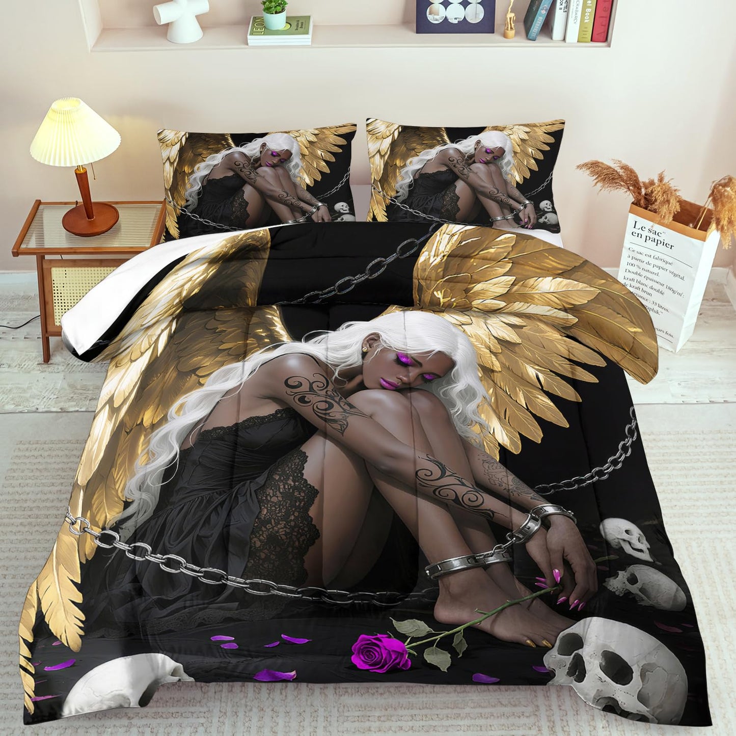 llyxsesty Golden Angel Wings Comforter Set Twin Girls Black Goth Comforter Set Adult Gold Goth Fashion Bedding for Women Angel Wings Bedding Quilt Skull Decor for Home Elegant Home Decor Bedroom