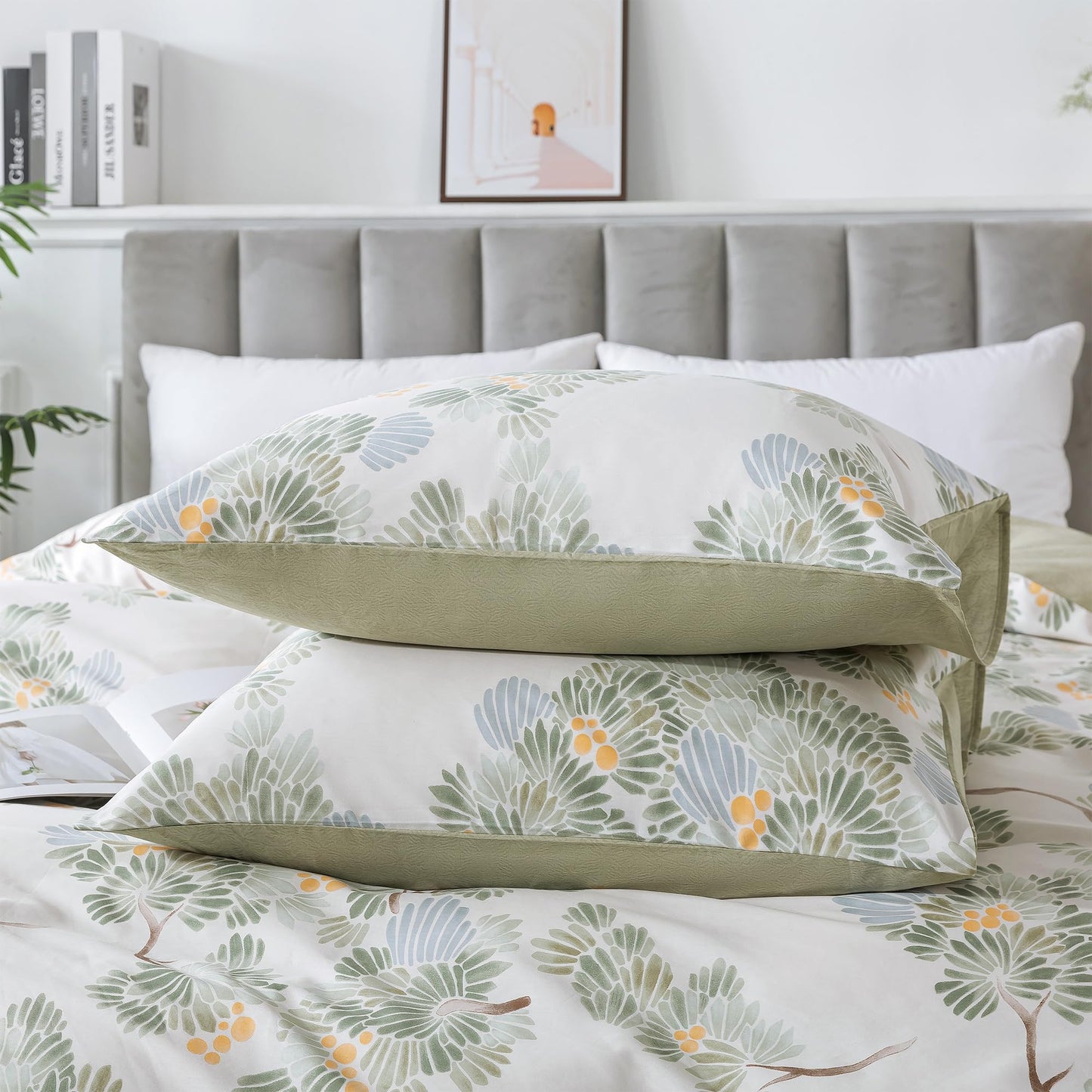 HoneiLife Duvet Dover Queen Size - 100% Cotton Comforter Cover Botanical Bedlinen Set with Zipper Closure & Corner Ties, 3-PC Forest Comforter Cover Sets