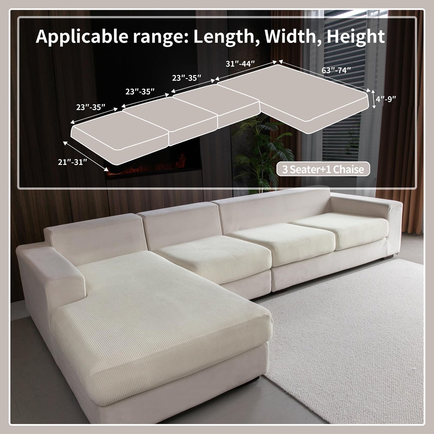 OHSIO Sectional Couch Covers, Wear Resistant Stretch Sofa Covers Washable Soft Couch Cushion Covers Anti Slip Furniture Protector Sofa Slipcovers for Pets(4 Pieces 3 Seaters+1 Chaise, Ivory)