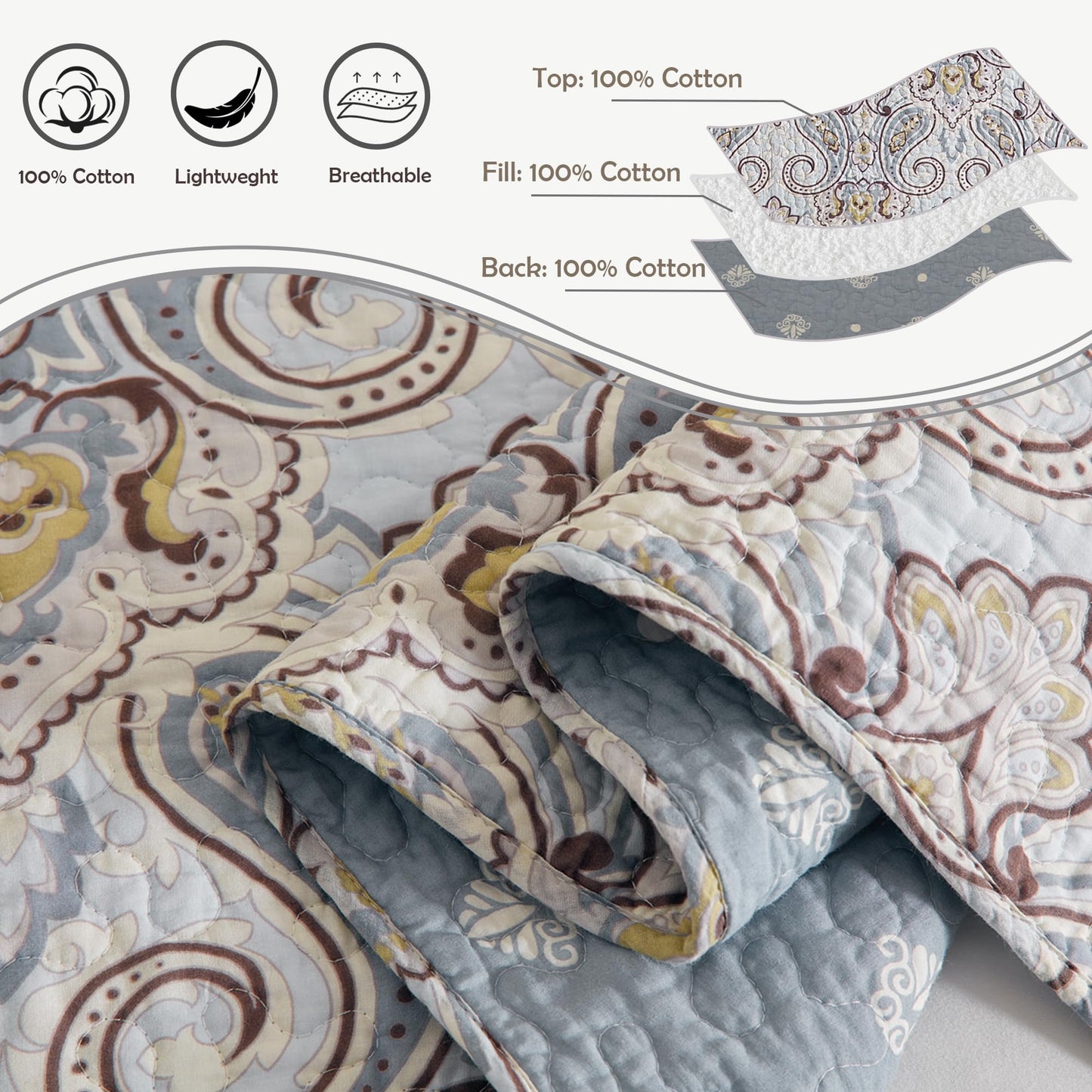 BCOTTOND Blue Paisley King Size Quilt Set - Reversible Paisley Brown Floral Quilts King Size, 100% Cotton Lightweight Bedspread Set, Luxury Quilt Bedding Set for King Bed, Light Blue, 106×98