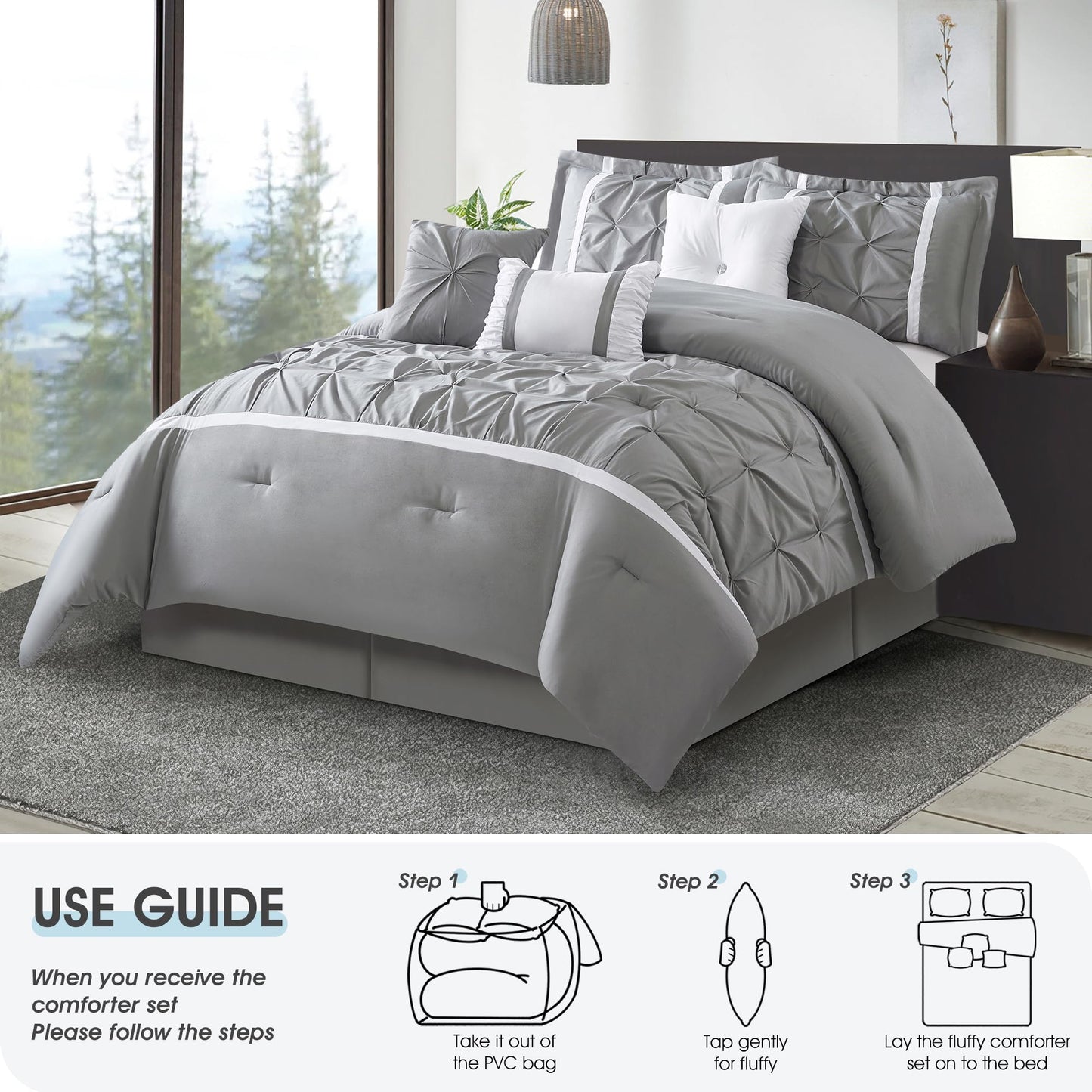 LANCO MODERN LIFESTYLE Grey Comforter Set, Queen, 7 Piece Bed in a Bag, Microfiber Handcrafted Pintucking, All Season Bedding Set with Comforter, Bedskirt, Pillow Shams and Decro Pillows