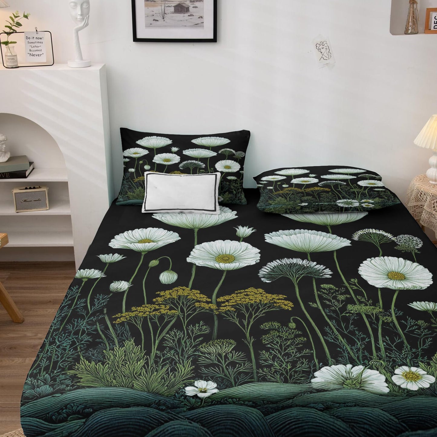 Wildflower Sheets Split King Size - White Floral Green Botanical Bed Sheet Set - Deep Pocket Soft Microfiber Bedding Set 5 Piece - Fitted Flat Sheet Pillowcases - Wildflower Bedroom Decor & Gifts