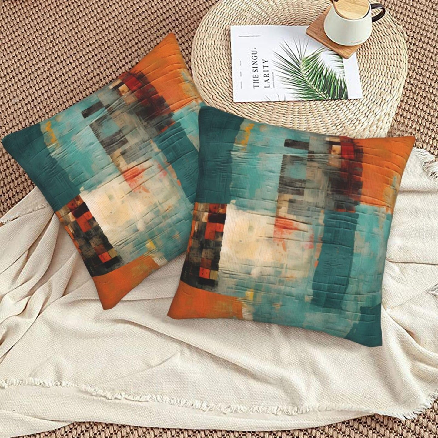Yopiiefa Abstract Teal Green and Orange Throw Pillow Covers 18x18 Set of 2 Messy Rust Painting Decorative Pillow Covers for Sofa Couch Bed Home Decor