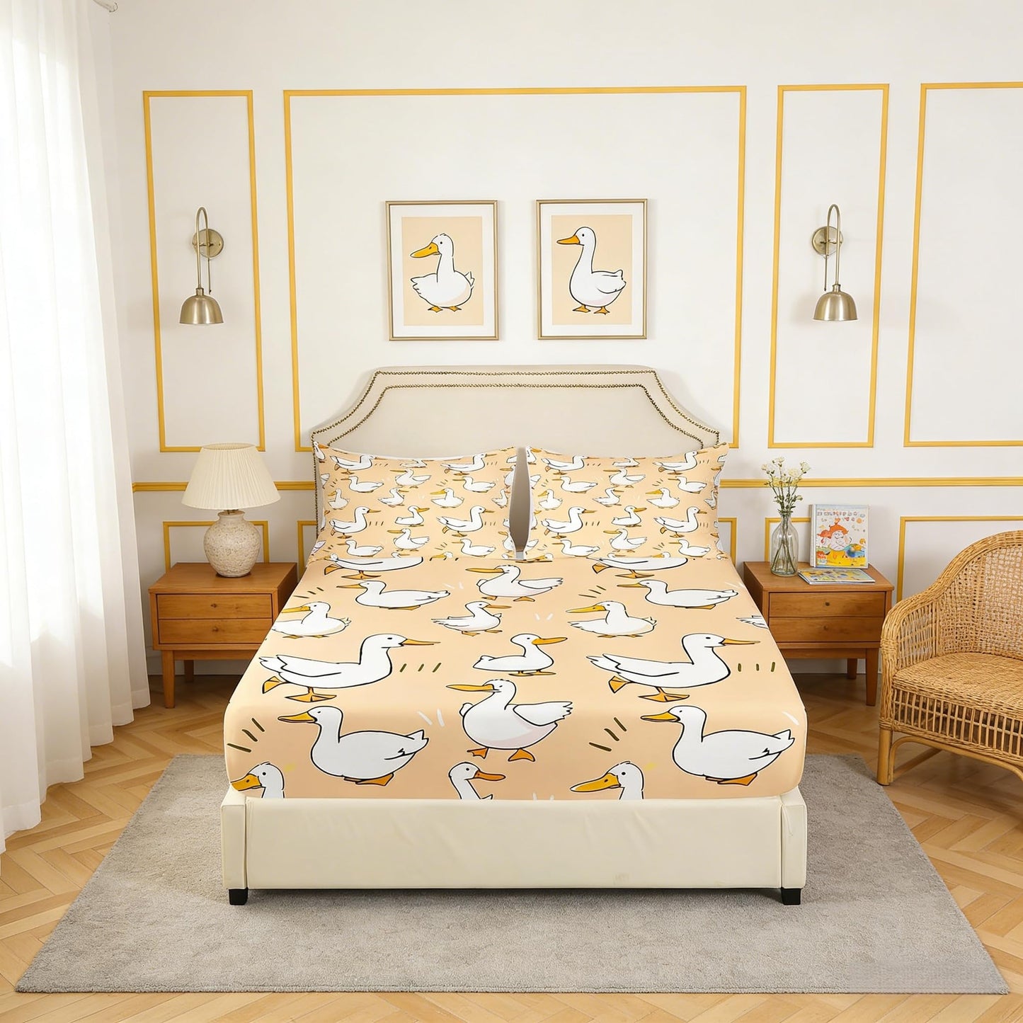 Homewish Cute Duck Fitted Sheet Full Size,Cartoon Farmhouse Livestock Animal Soft Fabric Deep Pocket Mattress Cover,Kawaii Goose Hand Drawn Orange Bed Cover with 2 Pillowcases,No Flat Sheet