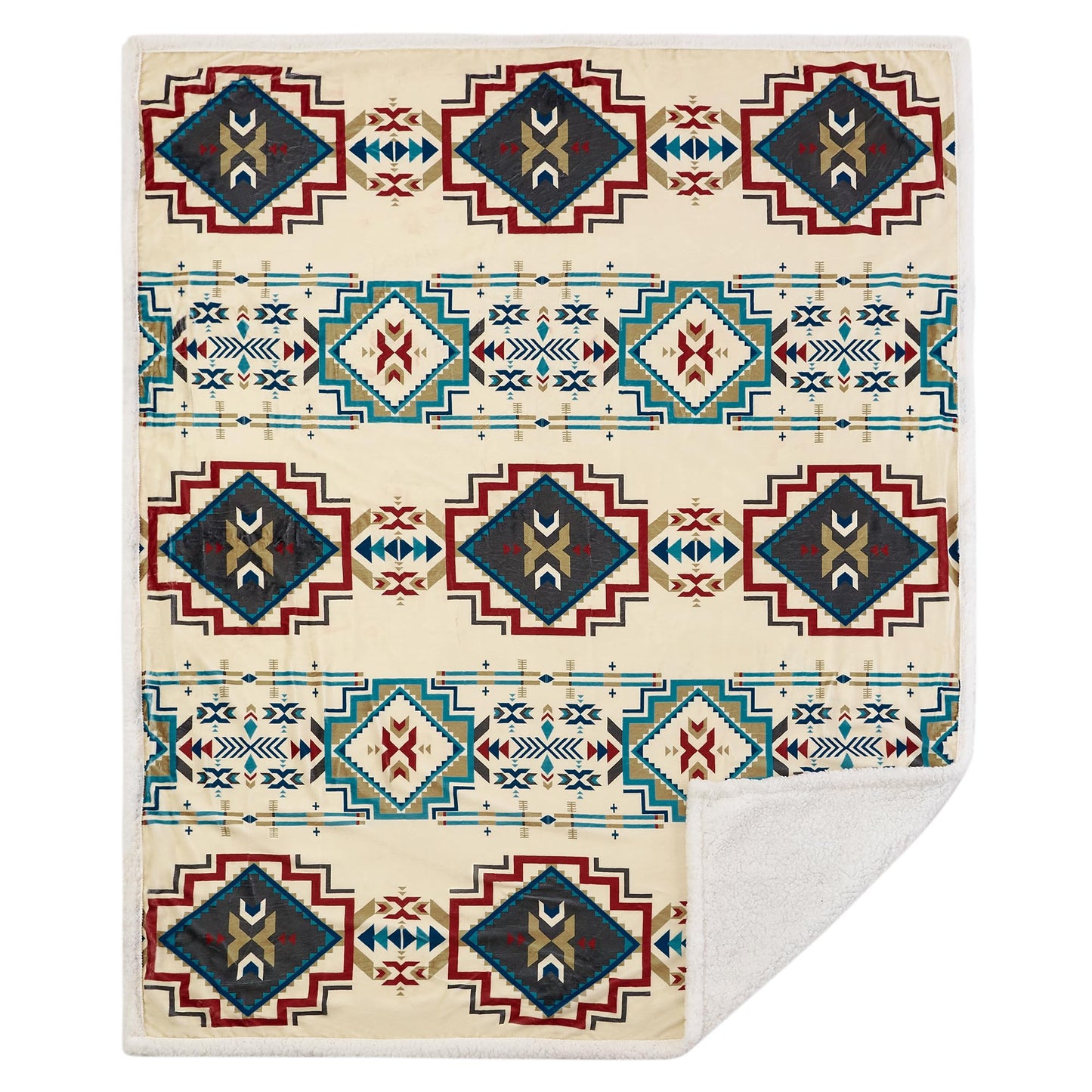 Paseo Road Indigo Hill by HiEnd Accents Spirit Valley Aztec 3 Piece Sherpa Throw Blanket Set, Tribal Navajo Print Fleece Throw Set, Western Southwestern Style, 1 Throw and 2 Throw Pillows