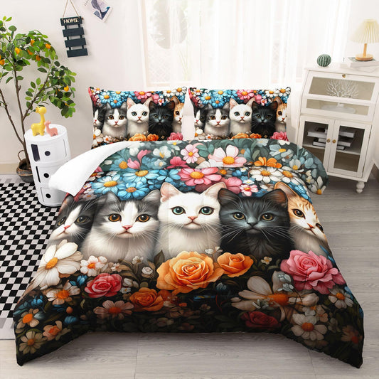 AILONEN Cartoon Cute Cat Bedding Sets,Colorful Flowers Decor Comforter Set,Kawaii Animal Theme Duvet Set for Bedroom Decor Full Size,1 Quilt with 2 Pillowcase,Soft Microfiber