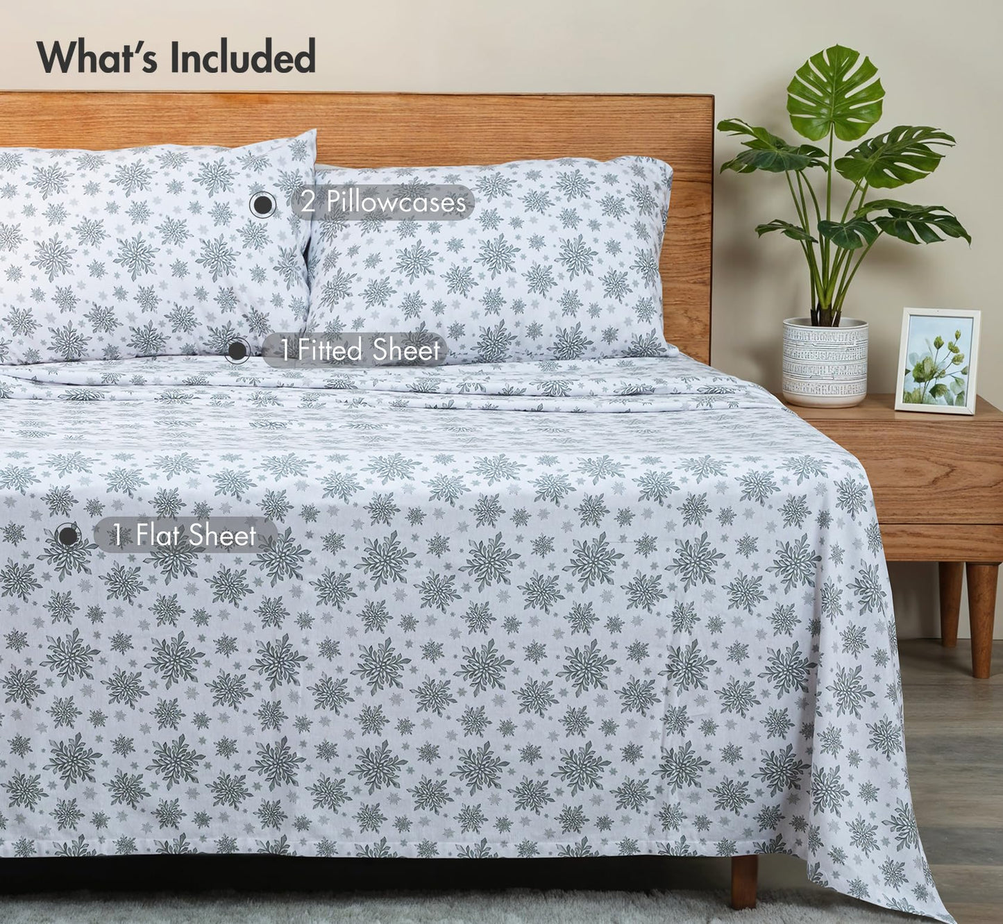 RUVANTI Flannel Sheets Queen Size - GOTS Certified 100% Organic Cotton, 4 Piece Warm, Soft & Breathable Set, Deep Pocket Snug Fit, Double Brushed Cozy All Season Bedding, Crystal Noir