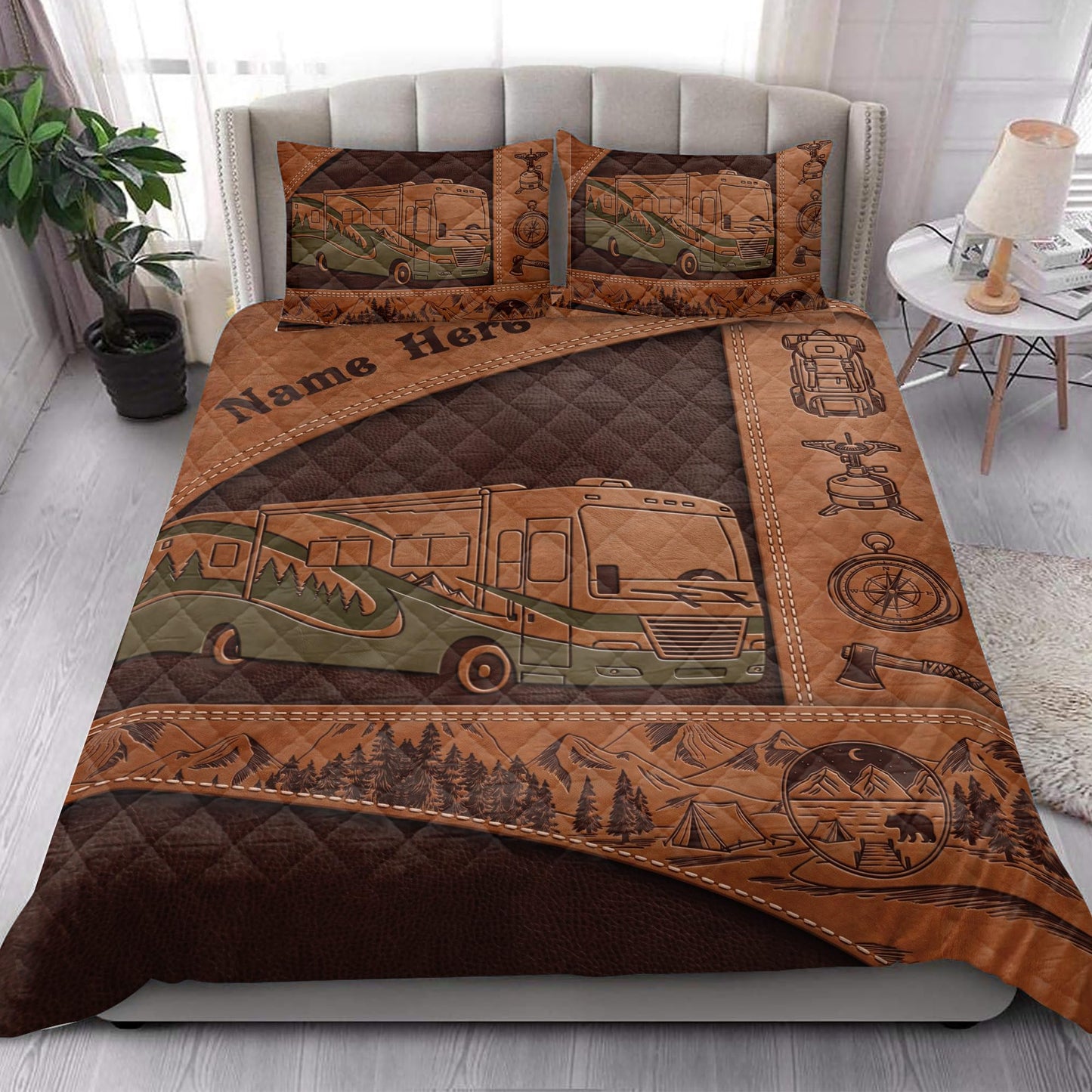 OhaPrints Custom Camping Lover Camper Class A Brown Gift Personalized Name Quilt Blanket & Pillowcases, Quilts Bedding Set & Pillow Cover, King Queen Double Twin Throw Full Size Bedspread Bed Sets