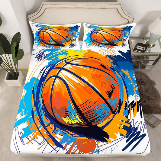 Kids Basketball Fitted Sheet Twin Size Boys Games Sports Theme Bed Cover Youth Graffiti Tie Dye Bedding Set Basketball Sport Bedclothes with 1 Pillow Case Child Room Decor Colorful Orange Blue