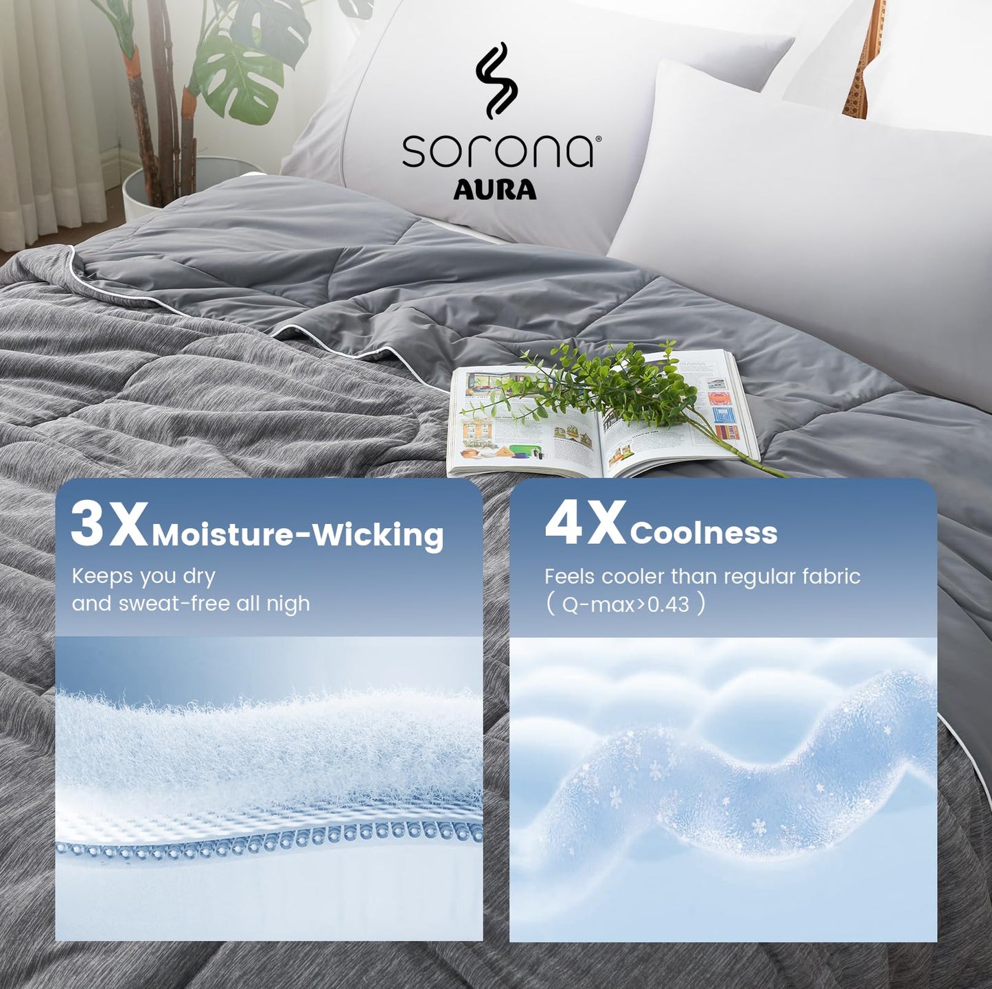 Amélie Home Cooling Comforter Queen Size, Dual-Sided Lightweight Cooling Blanket for Hot Sleepers, Q-Max 0.43 Breathable Cooling Quilt for Night Sweats, 90" x 90", Heather Charcoal Grey