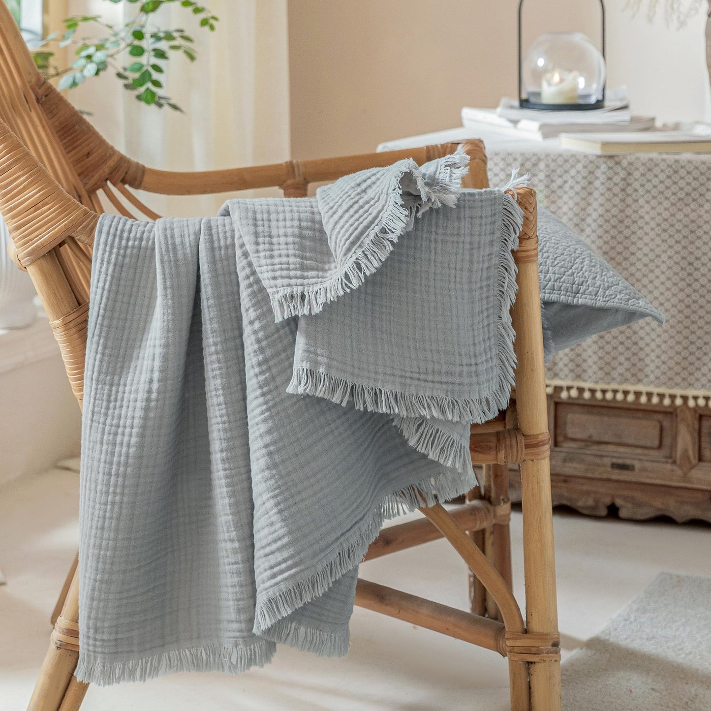 Muslin Fringe Blanket for Adults 100% Cotton 4-Layer Gauze Cloud Soft Breathable Lightweight All Season Throw Blanket for Bed Couch Sofa Office (Dusty Blue, Twin XL 66" × 90")