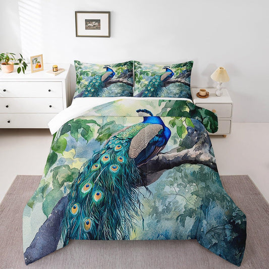 jejeloiu Peacock Bedding Set Full Size Kids Watercolor Flower Comforter for Boys Girls Royal Peacock Bird Comforter Set Green Duvet Set Room Decorations Quilt Set