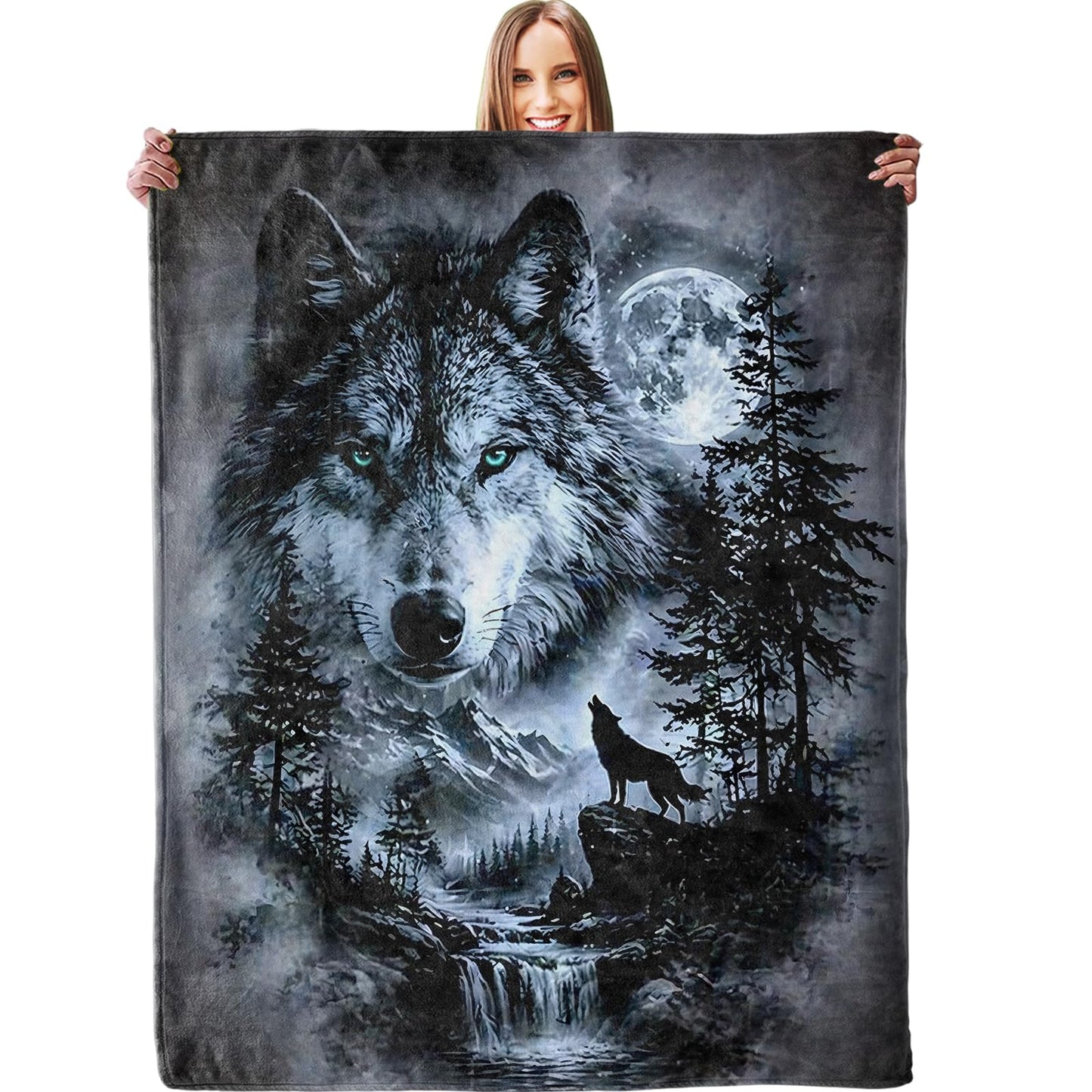 dhakalrlde Moonlit Wolf Blanket, Soft Mystical Forest Wolf Waterfall and Mountain Throw Blanket Gifts for Men Adults, Lightweight Warm Cozy 60×50 inch Wildlife Flannel for Couch, Travel, Bed, Decor
