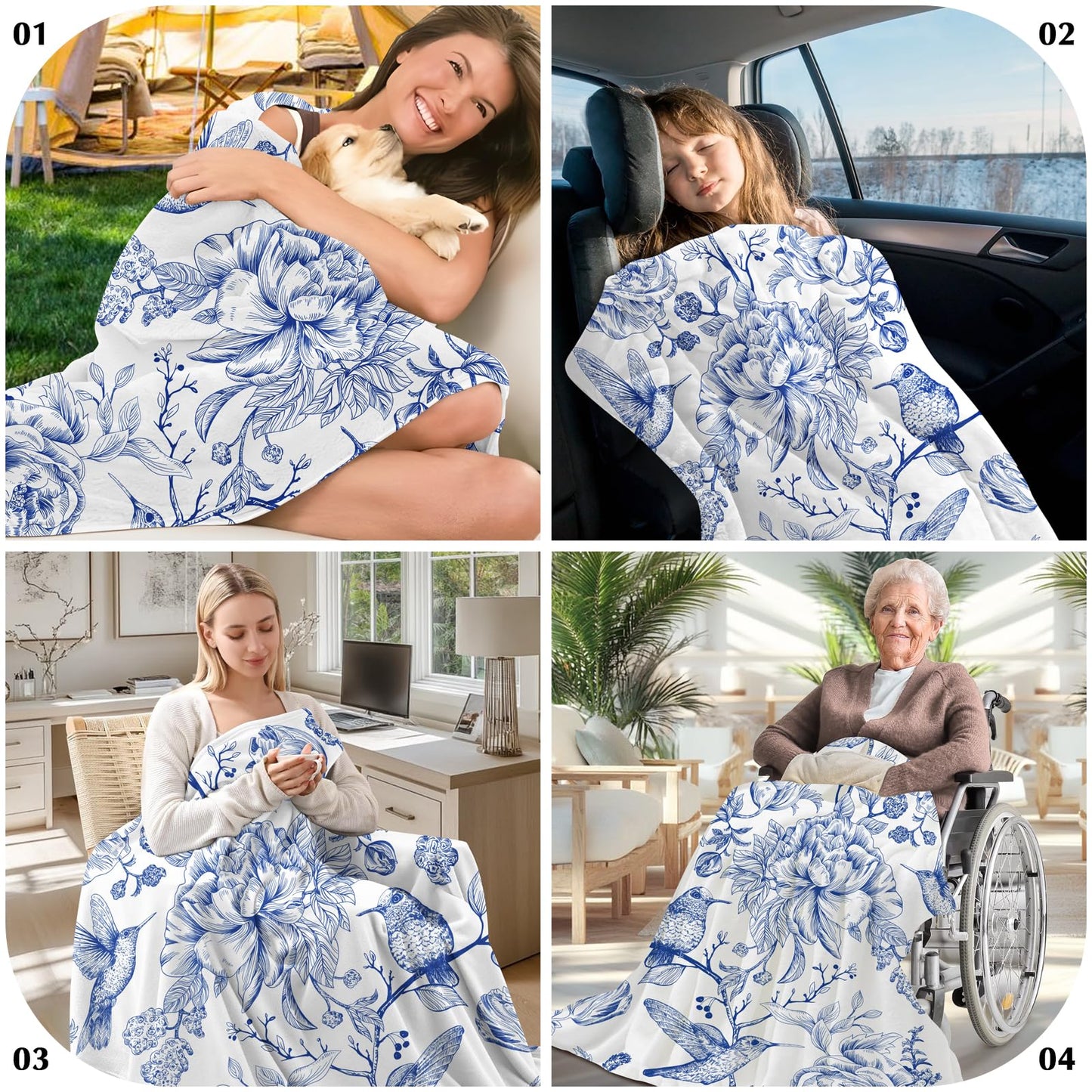 yuboo Blue Floral Throw Blanket, Blue and White Chinoiserie Flannel Blanket with Hummingbird and Flower Design, Soft 50 x 60 Inch Throw for Couch, Bed, Living Room, Bedroom Decor