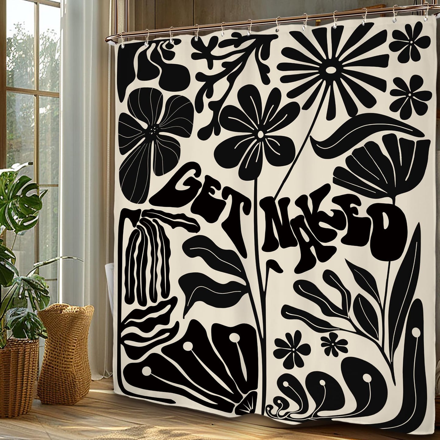 Miyotaa Retro Black Matisse Flower Shower Curtain Set 60Wx71H Inches Get Naked Minimalist Modern Neutral Abstract Vintage Polyester Bathroom Curtain with 12 Hooks