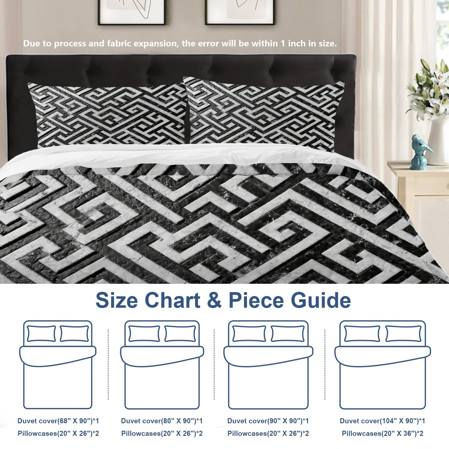 Batmerry Greek Key Geometric King Size 100% Cotton Duvet Cover Sets, Modern Texture Monochrome Swatch Bedding Set with Zipper Closure Corner Ties, 3 Pieces (1 Cover + 2 Pillowcases No Comforter)