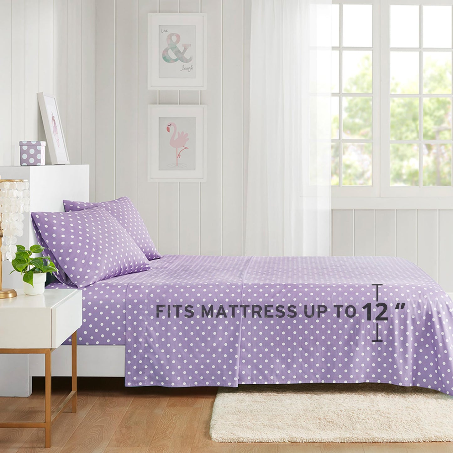 Intelligent Design Purple Twin Size Sheet Sets Kids Polka Dot Sheets for Girls 100% Cotton Percale Soft Flat and Fitted Sheet, Pillowcase, Breathable All Season Bed Set, Fits up to 14" Mattress