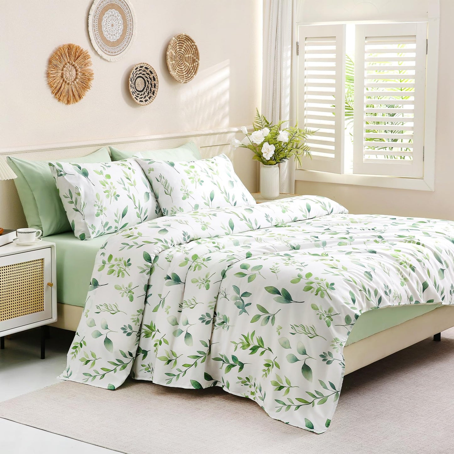 Botanical 6-Piece Queen Bed Sheets Set, Boho Floral Print Brushed Microfiber Sheets, Cooling Bed Sheet Set, Ultra Soft & Breathable, 16' Deep Pocket Fitted Sheet & Pillowcase Set, Sage Green Leaves