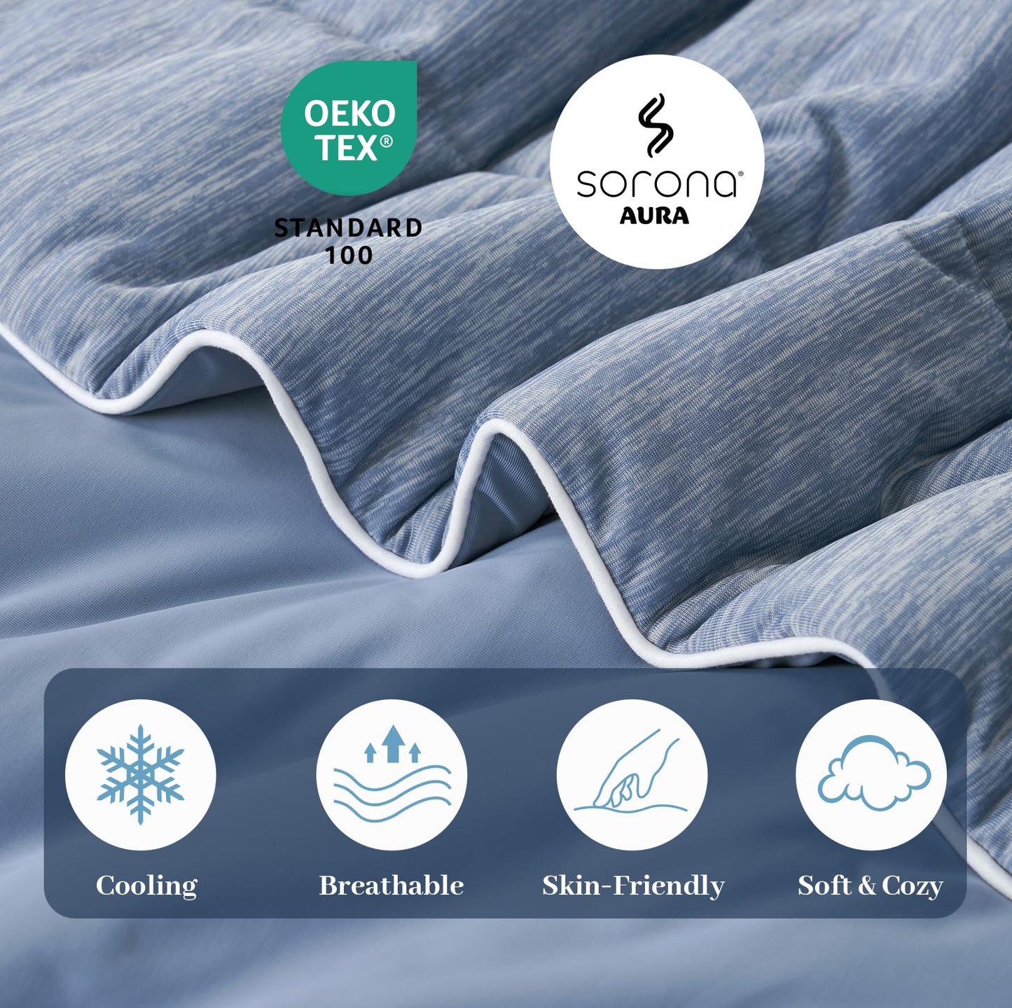 Amélie Home Cooling Comforter Queen Size, Dual-Sided Lightweight Cooling Blanket for Hot Sleepers, Q-Max 0.43 Breathable Cooling Quilt for Night Sweats, 90" x 90", Heather Denim Blue