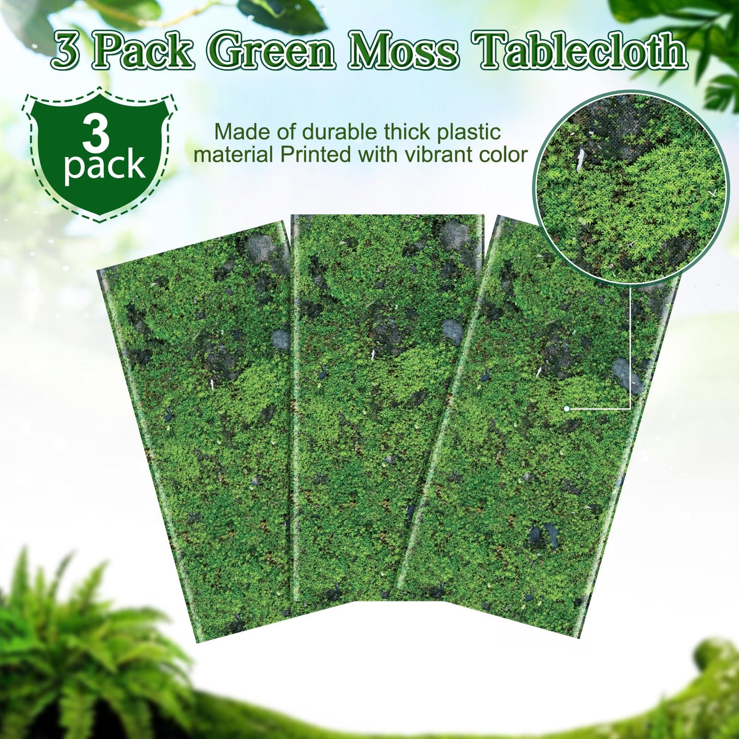 YIDAKO 3Pcs Green Moss Plastic Tablecloths Grass Green Leaf Table Cloth Disposable Rectangle Table Cover for Soccer World Cup Nature Forest Jungle Golf Theme Party Decorations, 54 X 108inch