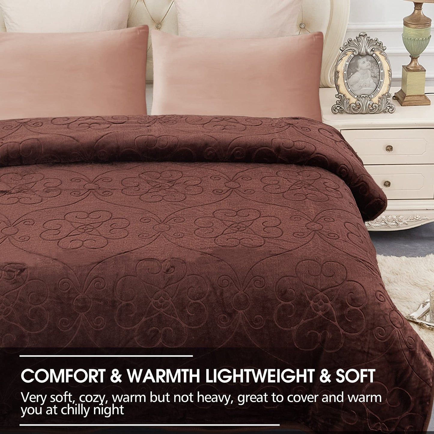 JYK Plush Fleece Blanket - Korean Mink, Queen 75" x 91", Super Soft & Warm, 3.5 LB Lightweight, Solid Color, Cozy Embossed Mink for Bed (Coffee)