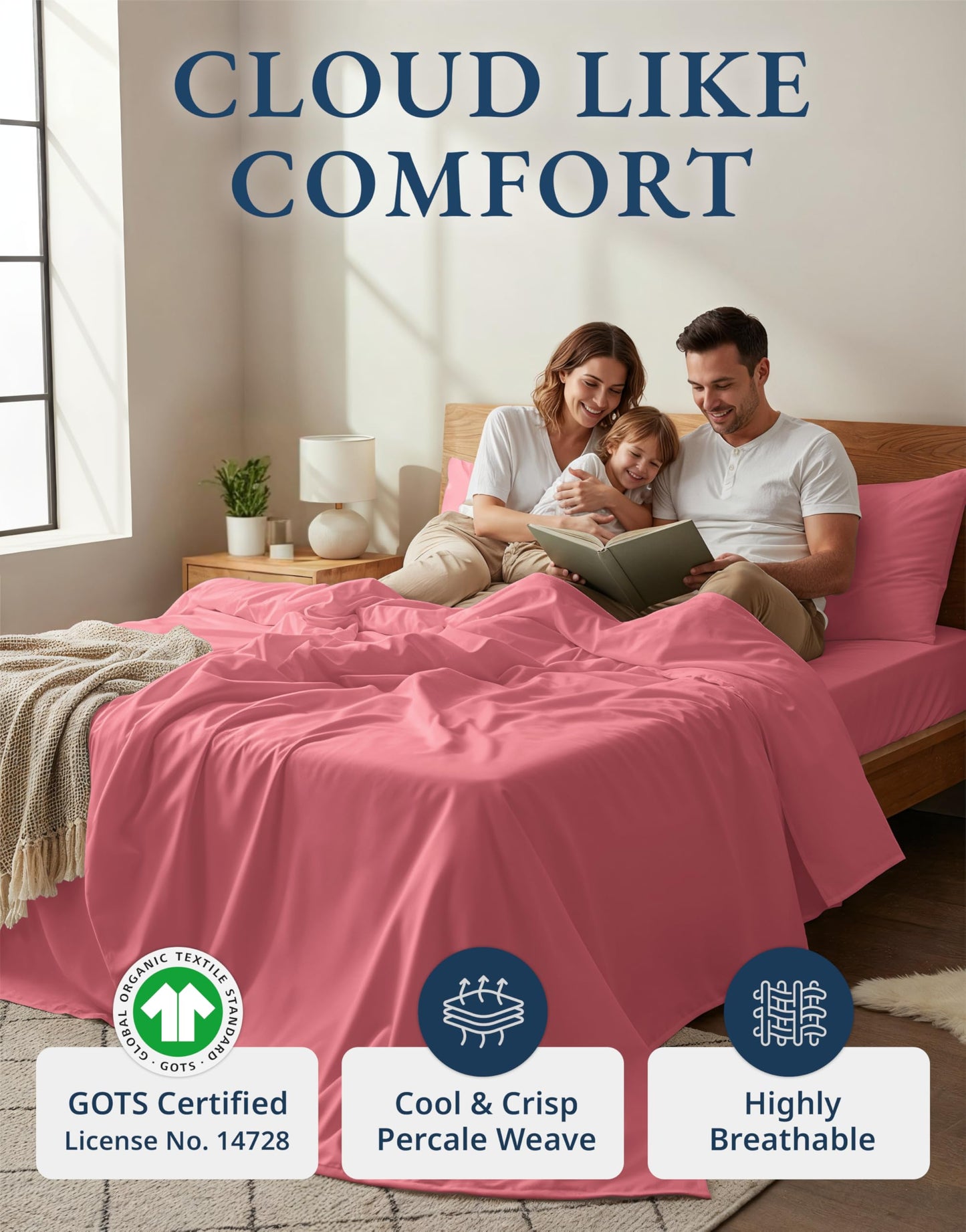 LANE LINEN Twin XL Sheet 100% Organic Cotton GOTS Certified Percale Weave Deep Pocket 3 Piece Soft Breathable Cooling Lightweight All Season Machine Washable Crisp - Mineral Red