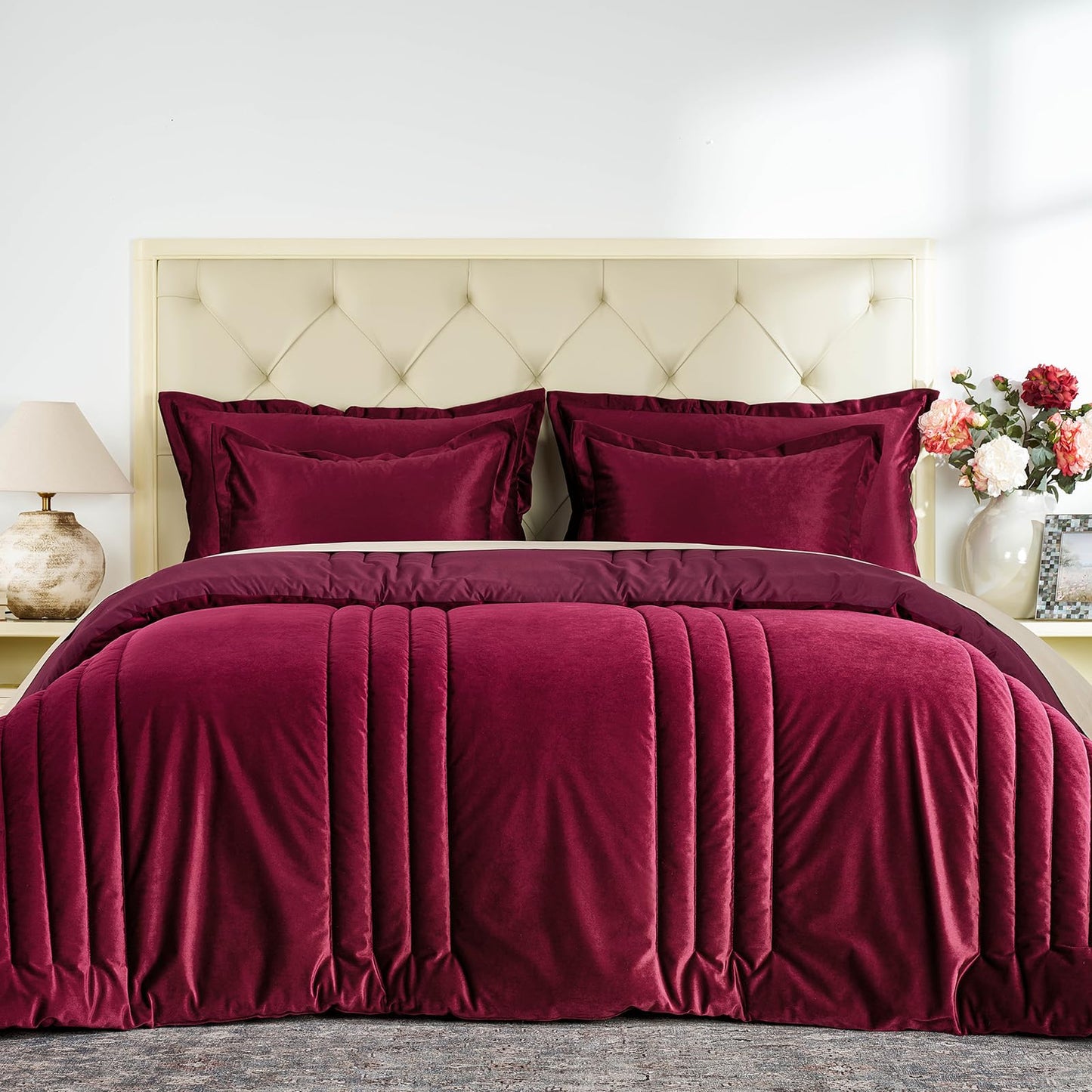 Burgundy Velvet Bedding Comforter Sets: Queen Size 3 Pieces Luxury Ultra Soft Bed Set Suitable for All Seasons - Cozy Striped Modern Rustic Lightweight Men Women Bedroom Queen Comforter with 2 Shams