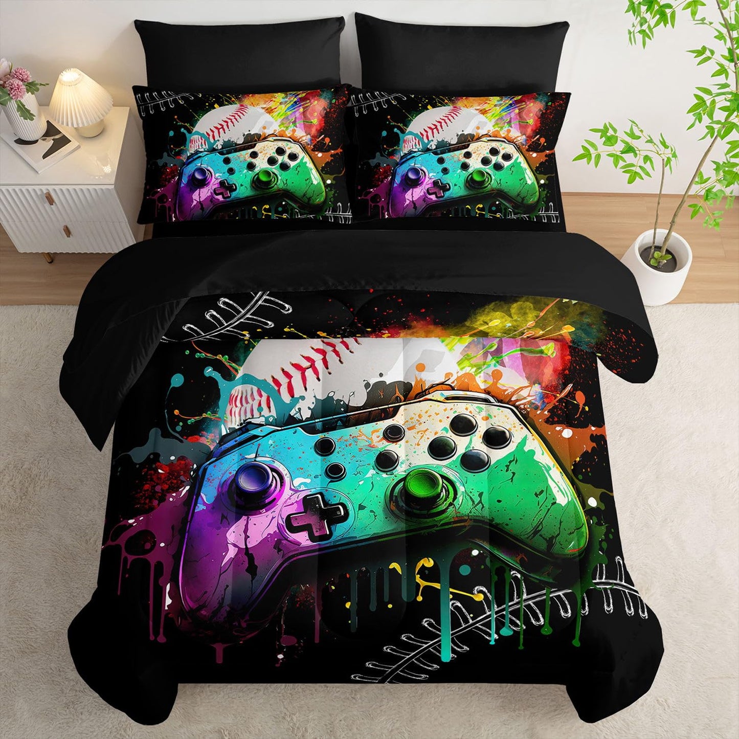 Smell Sunshine 7Pcs Comforter Set Gamepad Baseball Printed Bedding Set with 1 Comforter, 1 Flat Sheet, 1 Fitted Sheet and 4 Pillowcases for Boys and Girls Bedroom (Gamepad-3 Twin
