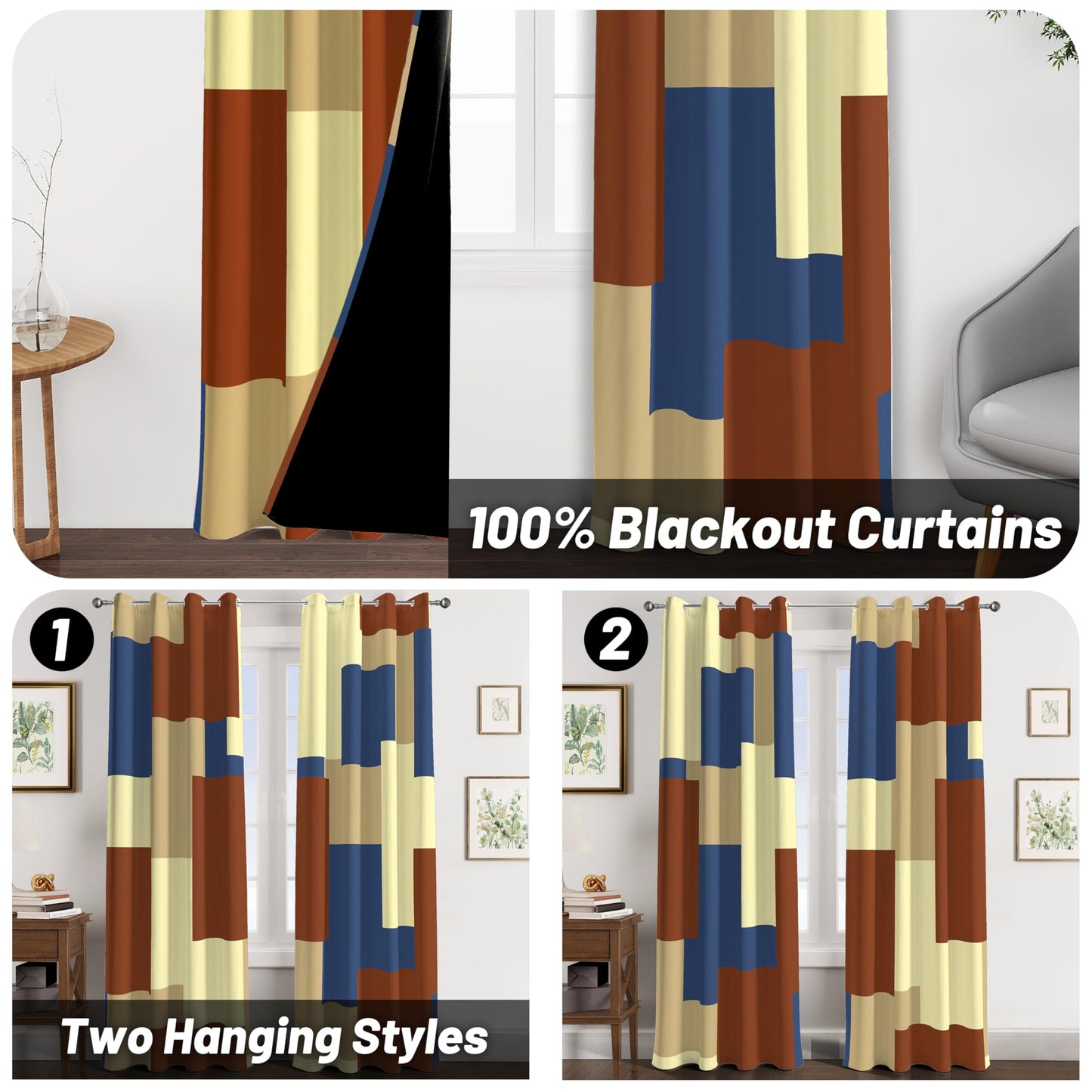 Tyrot Terracotta Blue 100% Blackout Curtains for Bedroom 84 inch Long 2 Panels Set Modern Abstract Geometric Black Out Curtains Insulated Room Darkening Window Drapes for Living Room, 52Wx84L