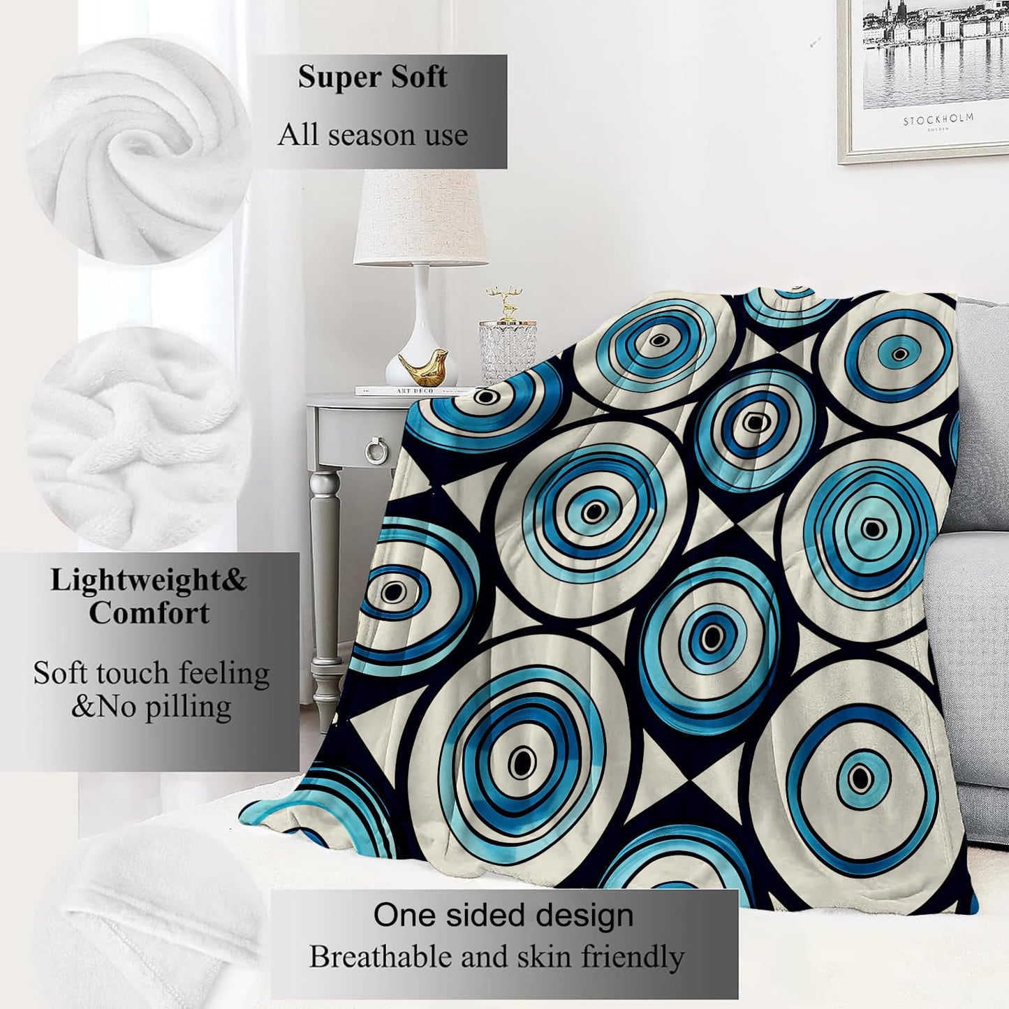 VODRM Evil Eye Blanket Modern Geometric Circles Throw Blankets,Birthday Gifts for Women Men,Lightweight Soft Fleece Cozy for Sofa Couch Bed Room Art Decor 50x60in