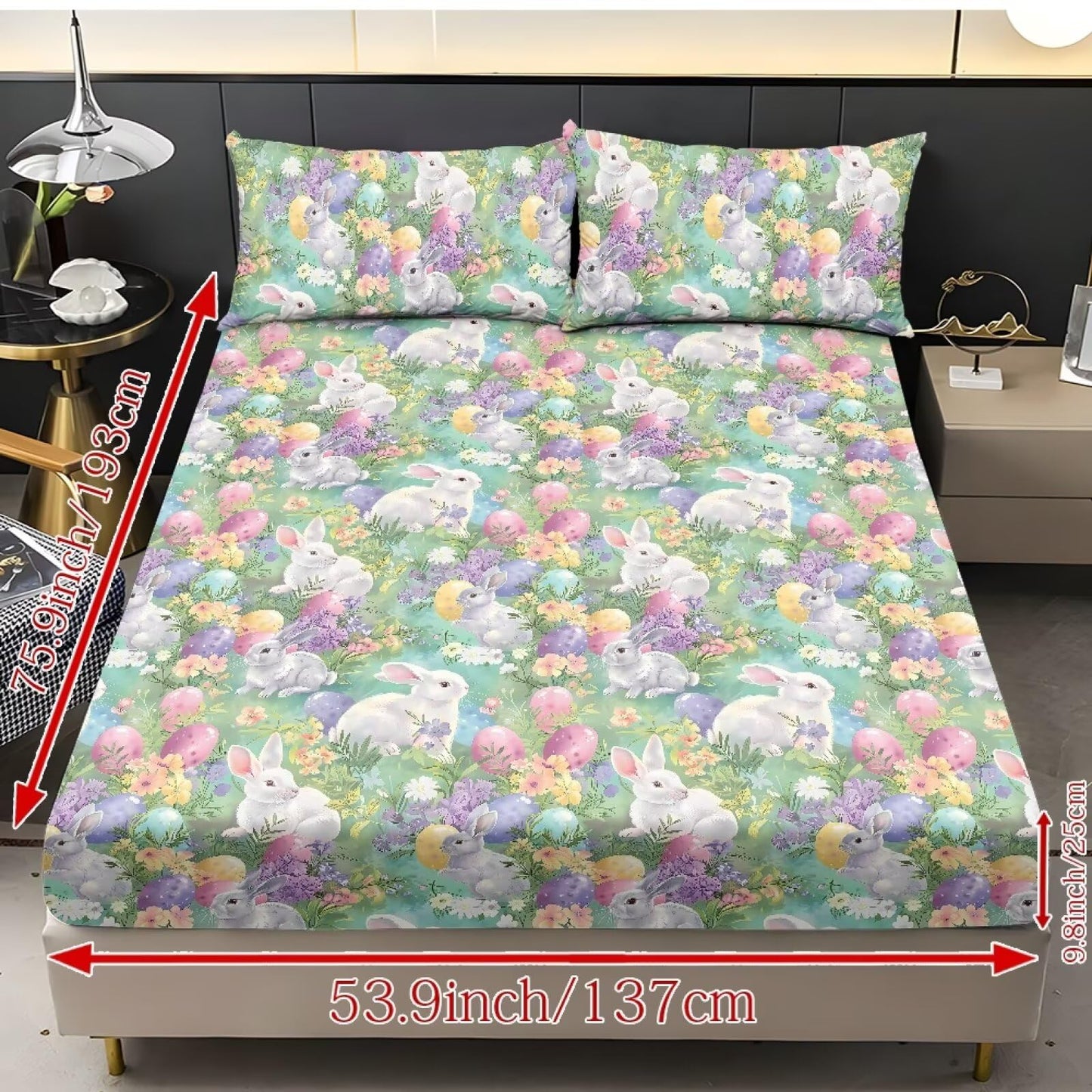 ZDCUSTOM 3pcs Easter Bunny Sheet Set Twin XL Size Cozy Fade Resistant Bedding Sheet Set Fresh Cute Bedsheet with All Around Elastic Home Decor for Twin XL Size Bed, 39" x 79"