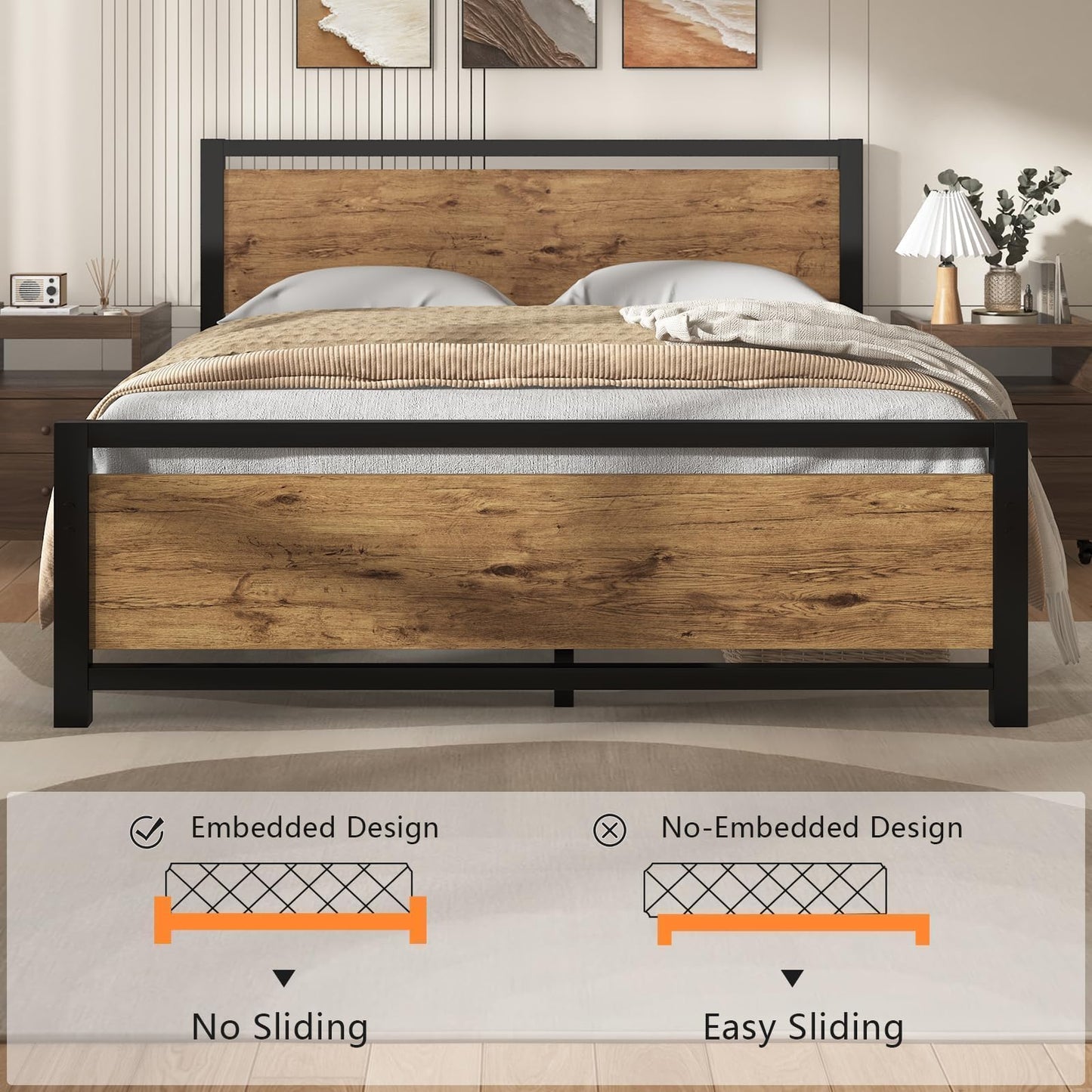 IMMERSTABLE Queen Bed Frame with Headboard, No Box Spring Needed, Sturdy Support Slats, Easy Assembly, Mattress Foundation for Bedroom, Guest Room and Apartment, Black Brown