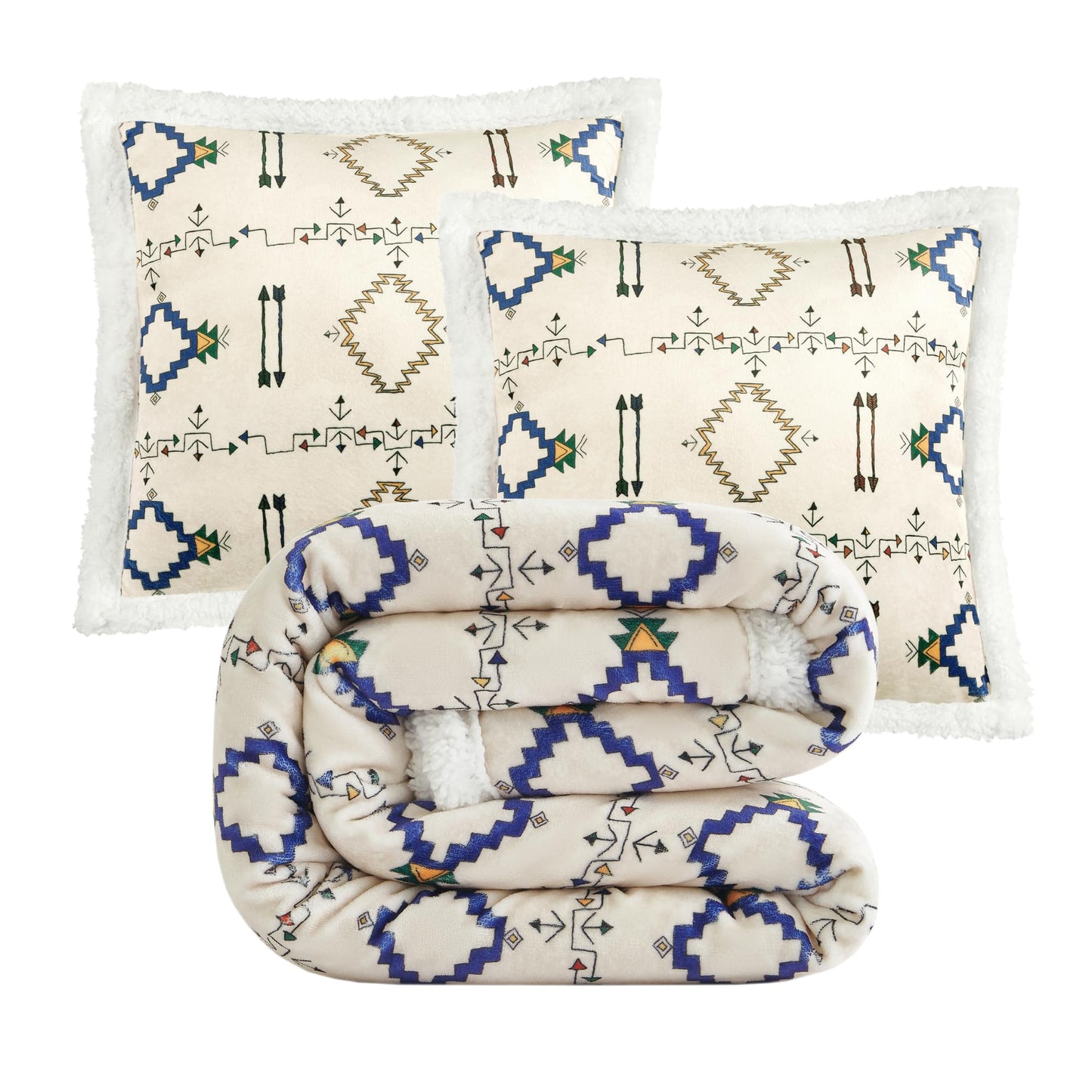 Paseo Road Indigo Hill by HiEnd Accents Arrow Indian Aztec 3 Piece Sherpa Throw Blanket Set, Tribal Navajo Print Fleece Throw Set, Western Southwestern Style, 1 Throw and 2 Pillows