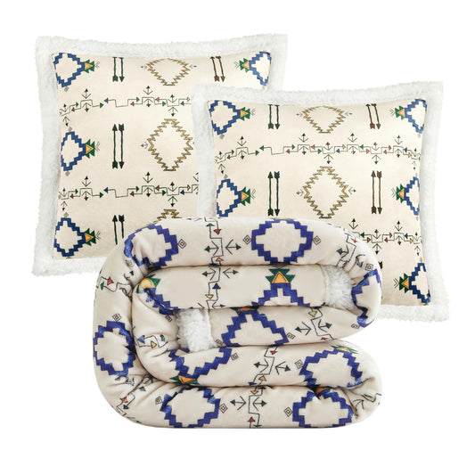 Paseo Road Indigo Hill by HiEnd Accents Arrow Indian Aztec 3 Piece Sherpa Throw Blanket Set, Tribal Navajo Print Fleece Throw Set, Western Southwestern Style, 1 Throw and 2 Pillows