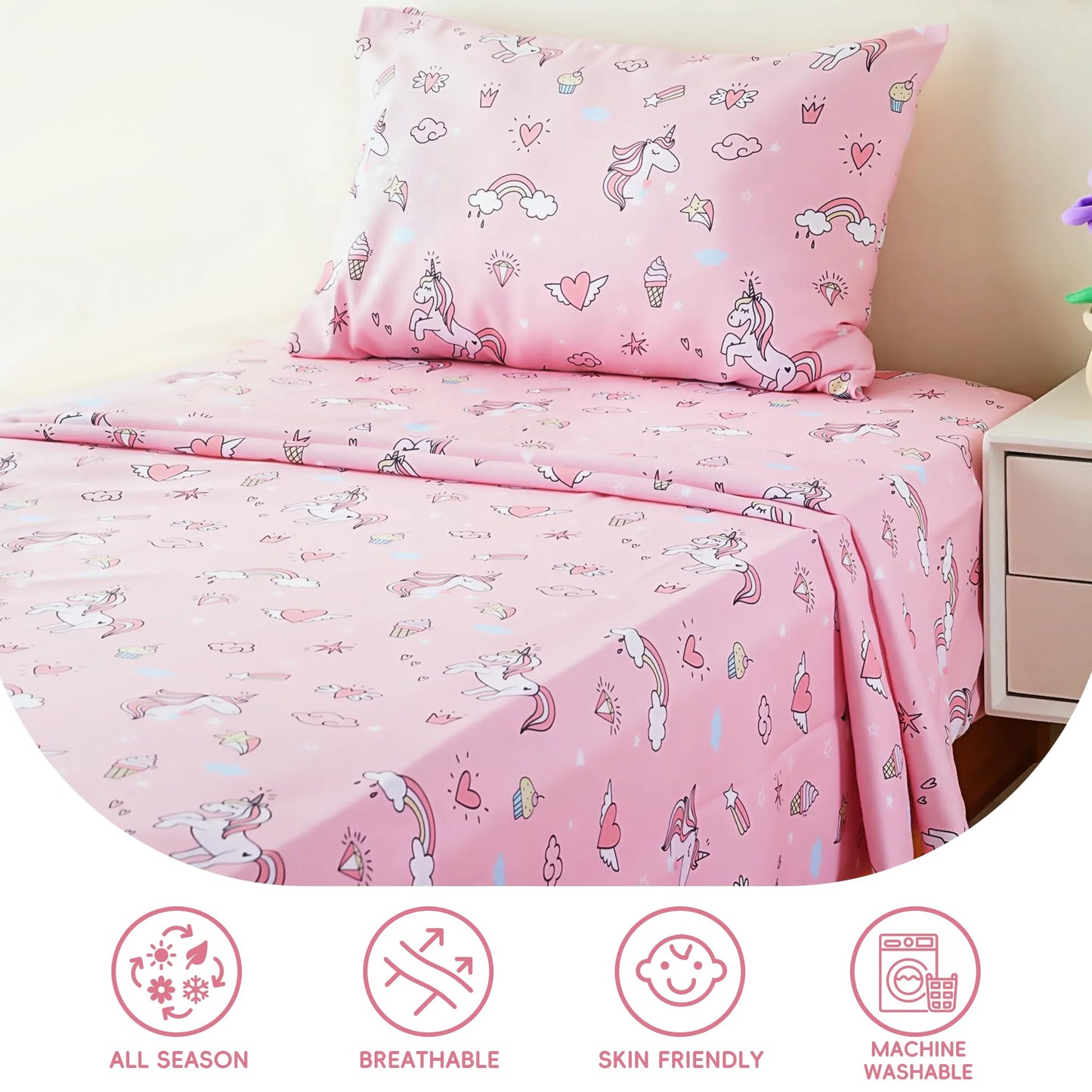 Bunnikins & Clover Unicorn Kids Sheet Set Twin Size, 3 Piece Soft Microfiber Bed Sheets, Deep Pocket Pink Toddler Bedding Set for Boys Girls