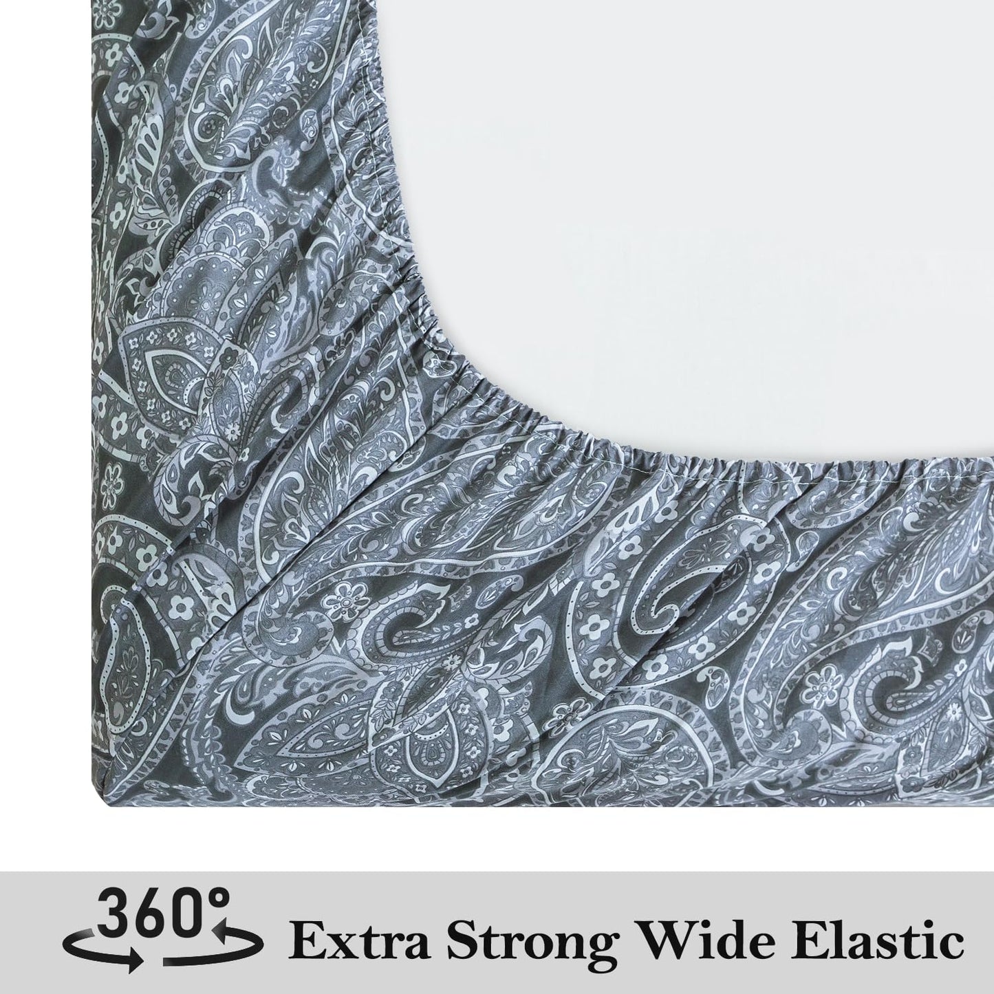 KACEMOO Bed Sheets California King Size Gray Paisley Sheets Printed Floral Sheet Set Flower Pattern Deep Pocket Fitted Bed Sheets Microfiber Soft Breathable 1800 Thread Count Double Bedding