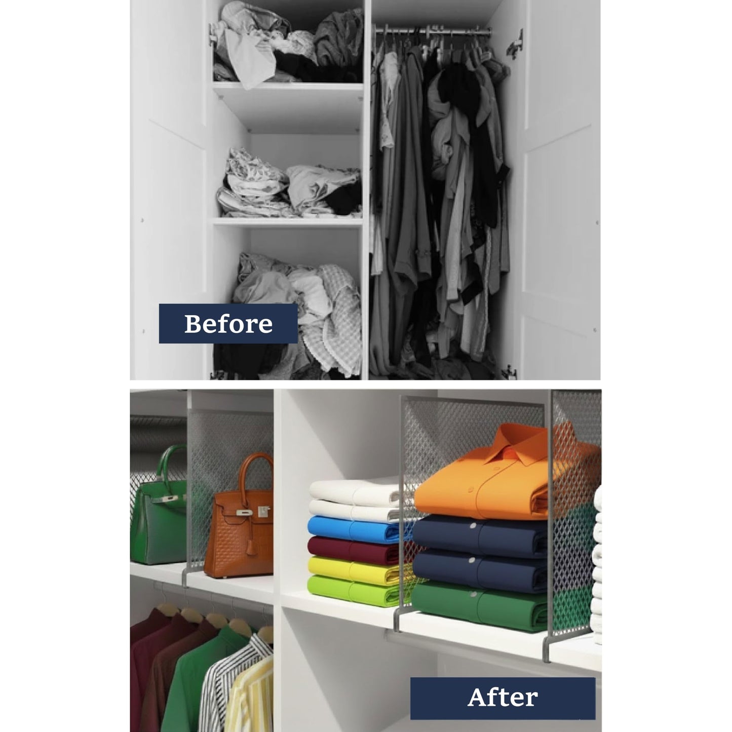 Nexu 6-Pack Metal Mesh Shelf Dividers for Closet Organization, Ultra-Stable Under-Shelf Hook Design, Matte Non-Slip Heavy Duty Purse & Handbag Organizer for Shelving, Kitchen, Office Grey